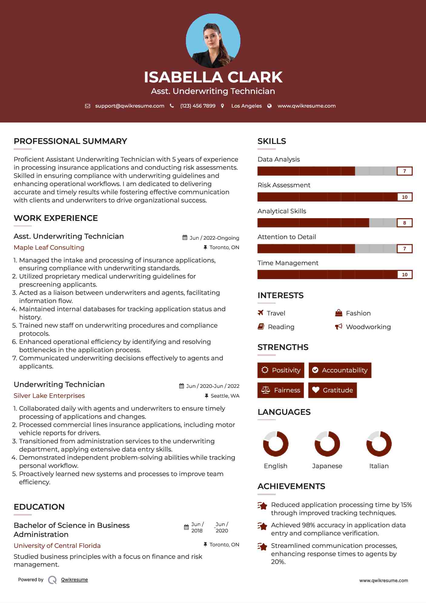 Asst. Underwriting Technician Resume Sample