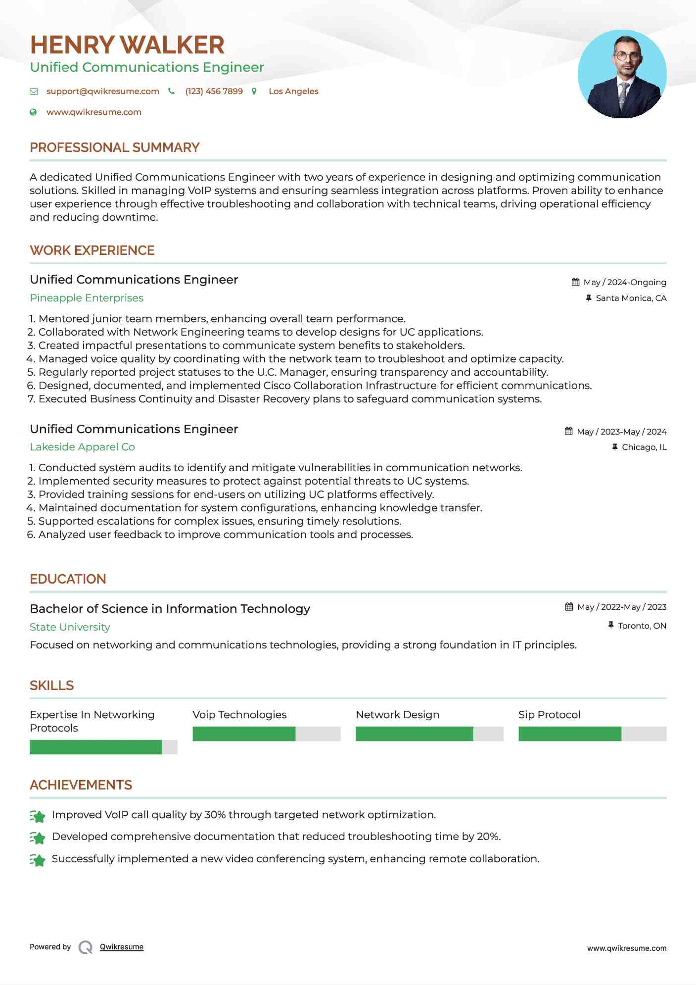 Unified Communications Engineer Resume Model
