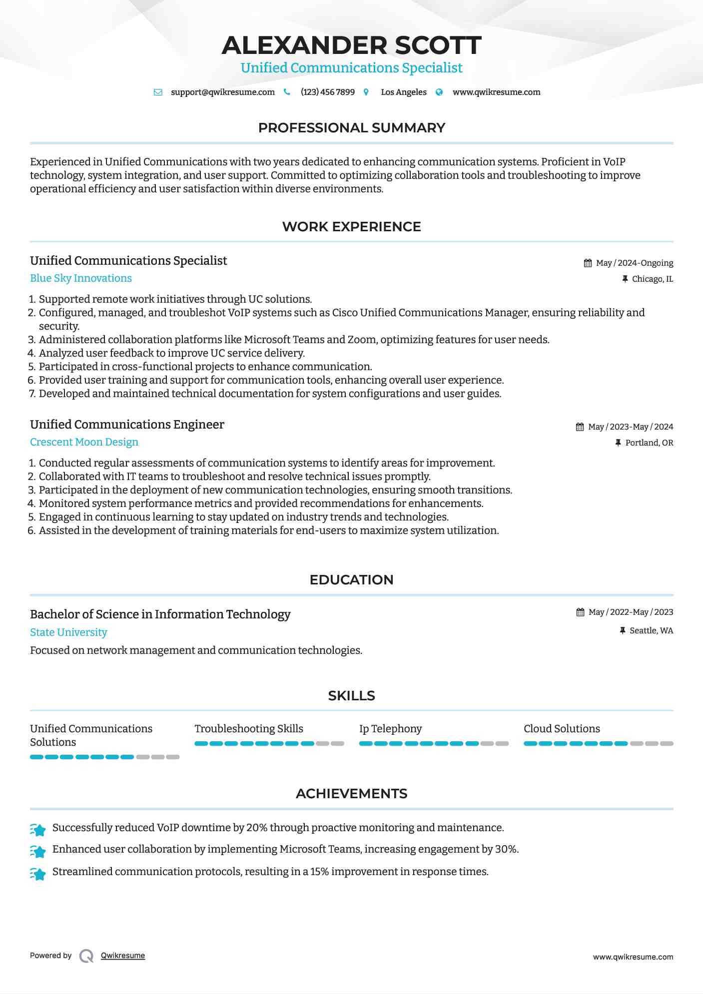 Unified Communications Specialist Resume Template