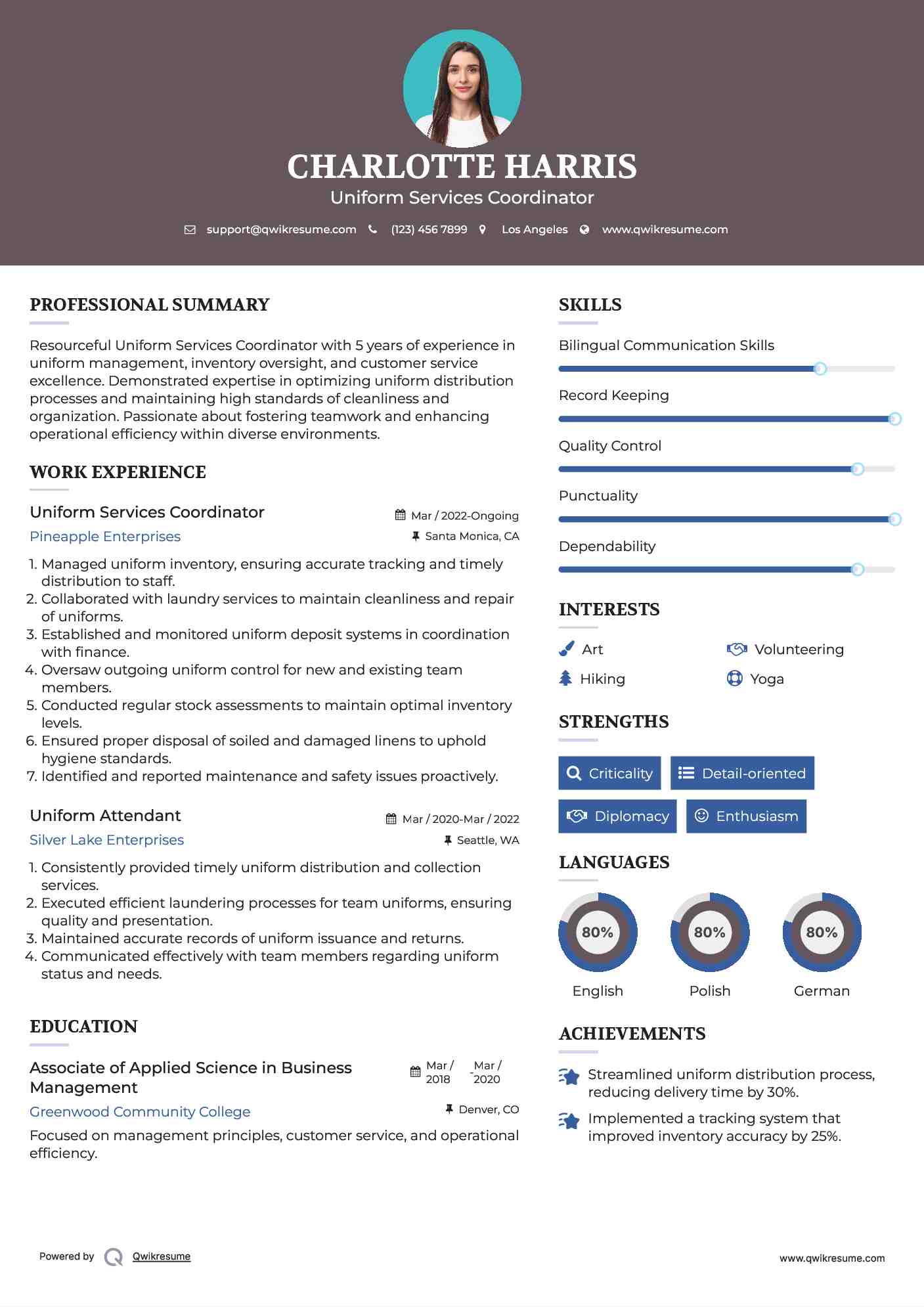 Uniform Services Coordinator Resume Example