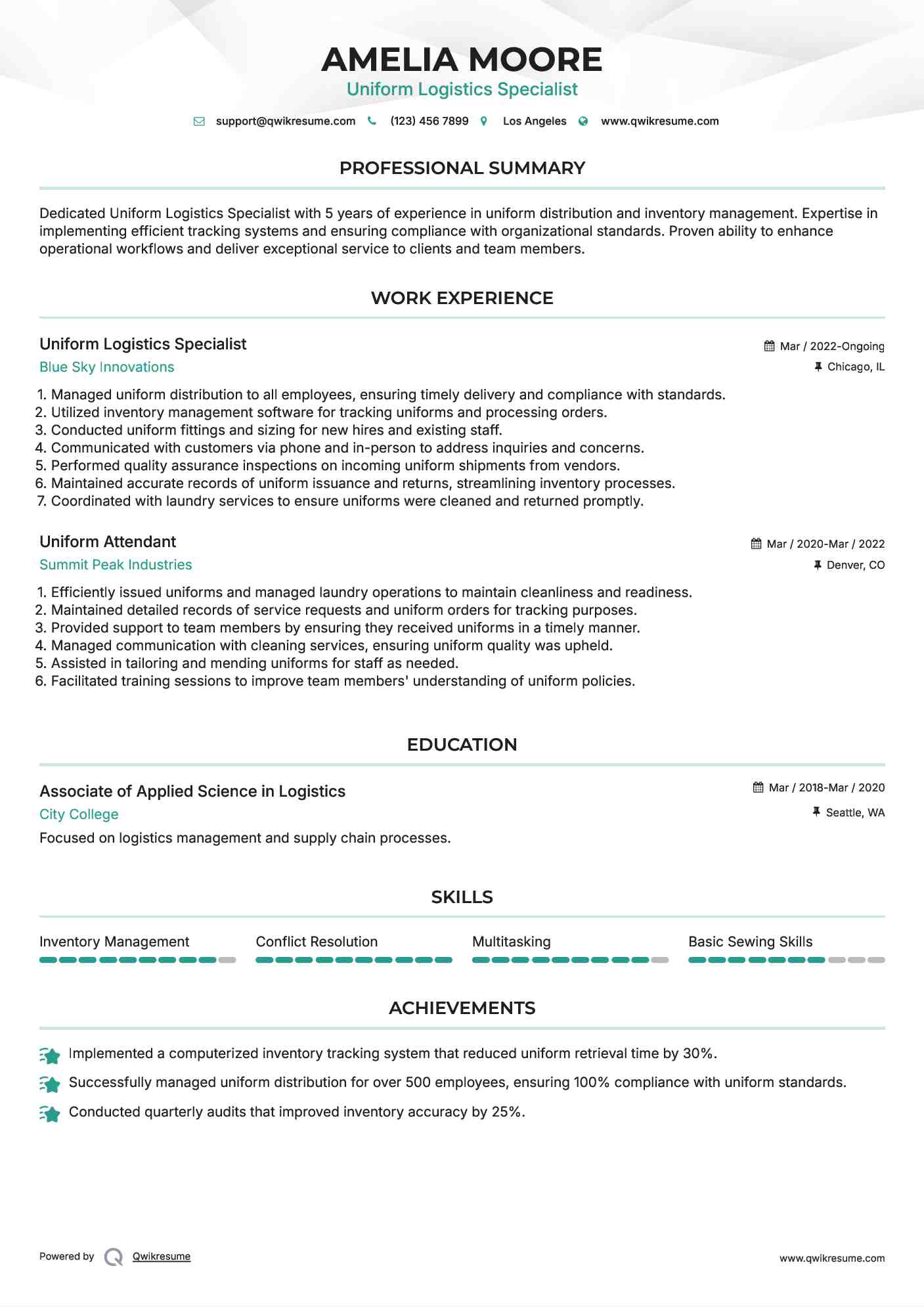 Uniform Logistics Specialist Resume Model