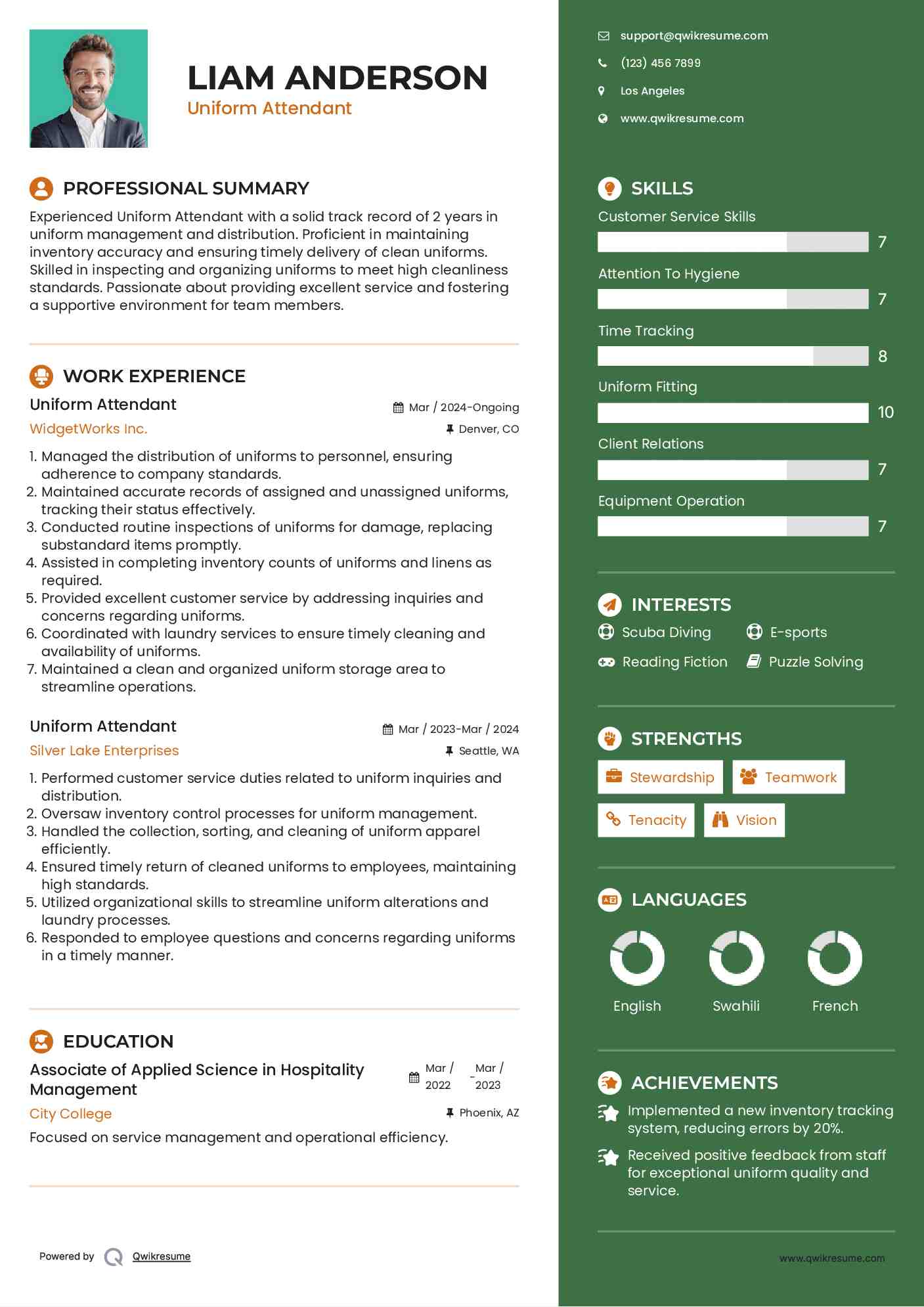 Uniform Attendant Resume Format