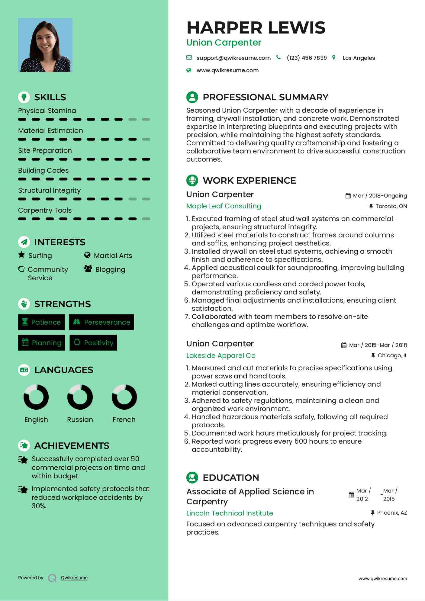 Union Carpenter Resume Example