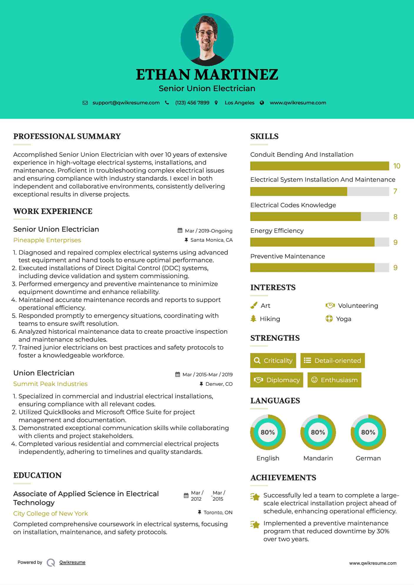 Senior Union Electrician Resume Model