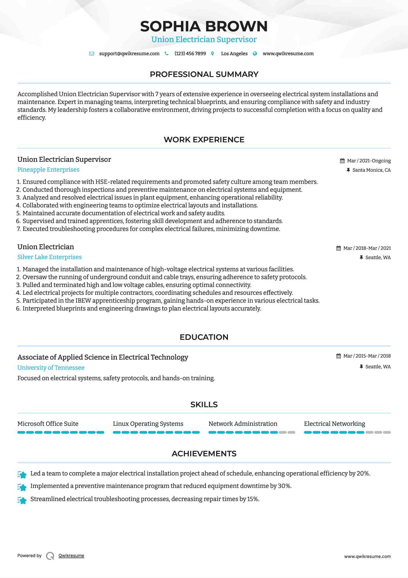 Union Electrician Supervisor Resume Model