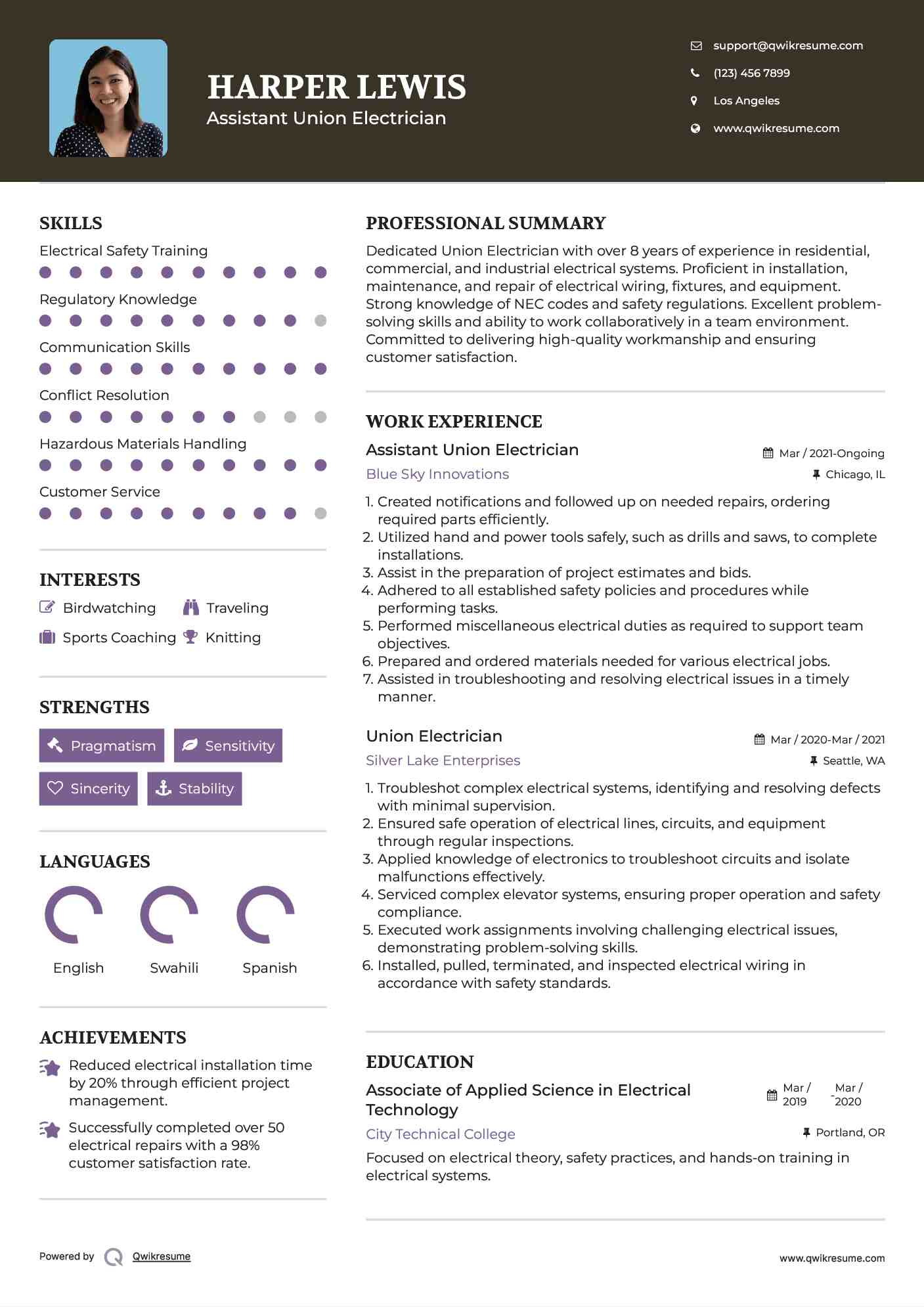 Assistant Union Electrician Resume Template