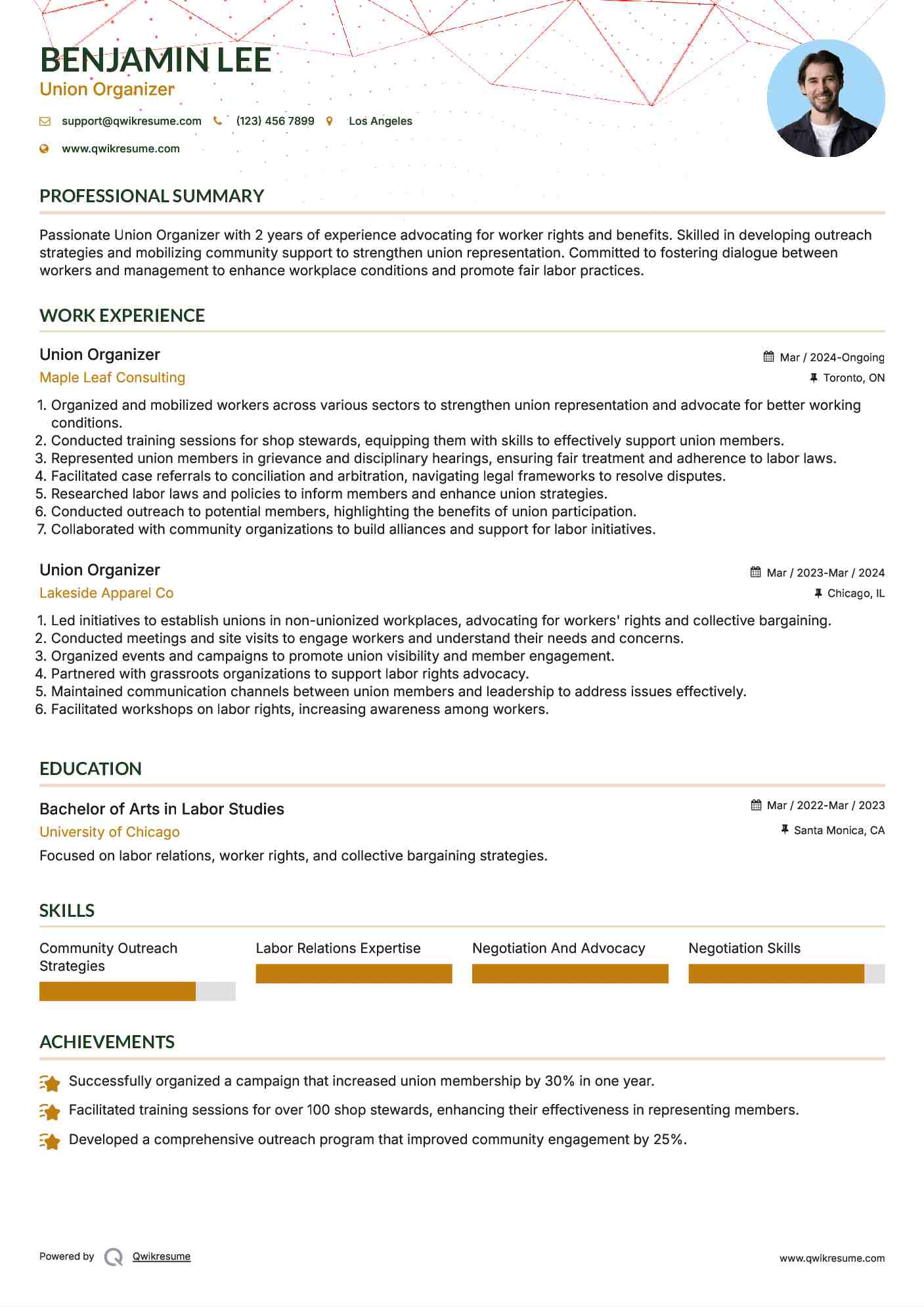 Union Organizer Resume Sample