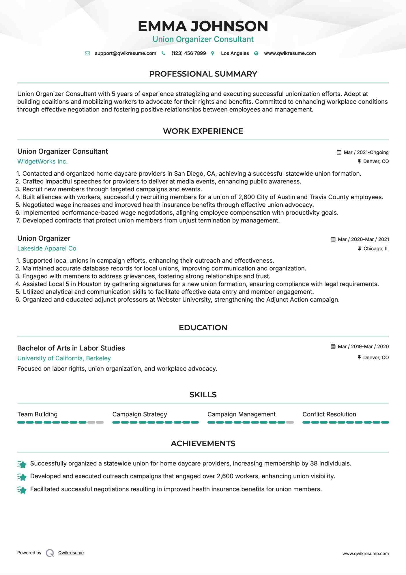 Union Organizer Consultant Resume Sample