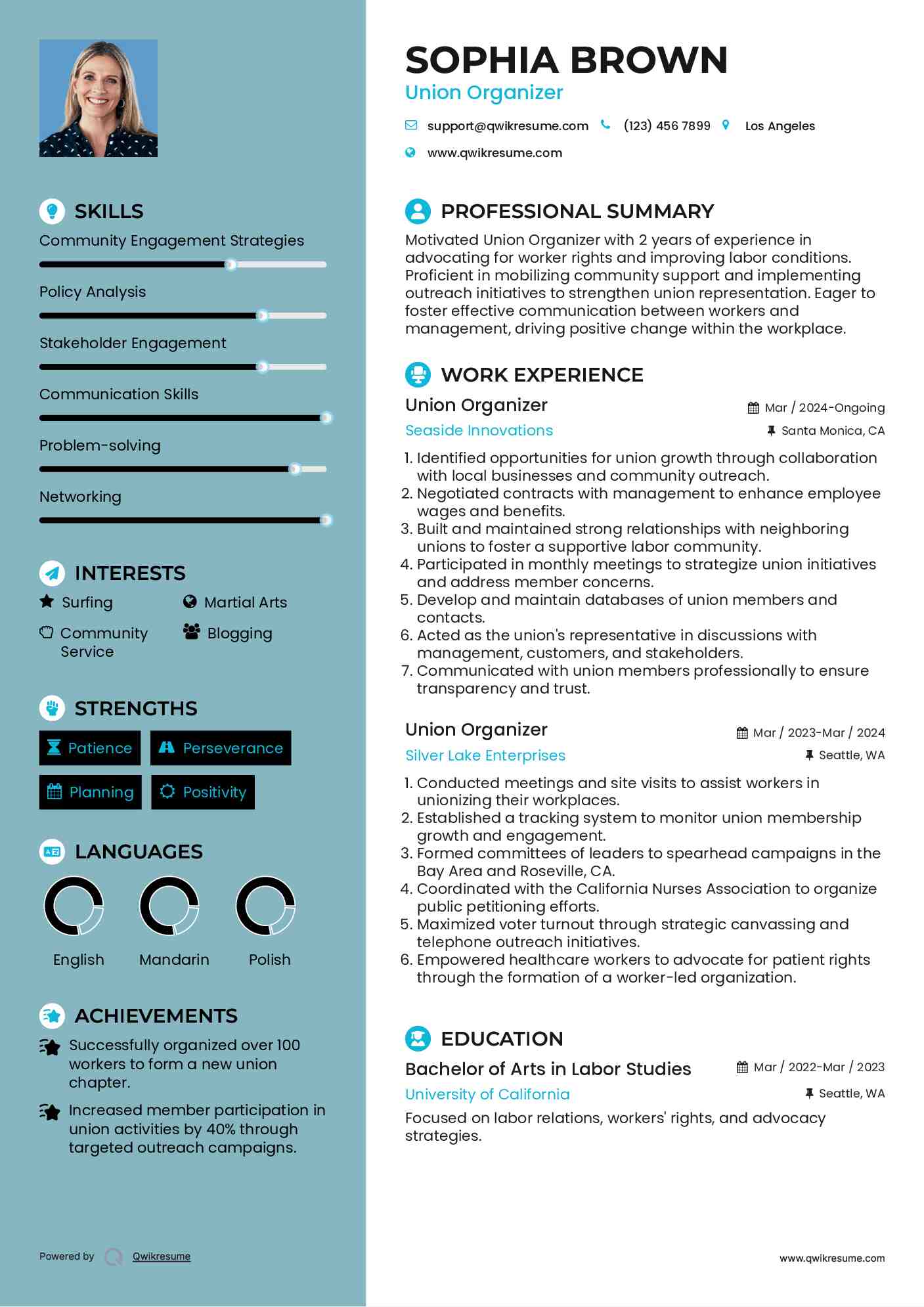 Union Organizer Resume Sample