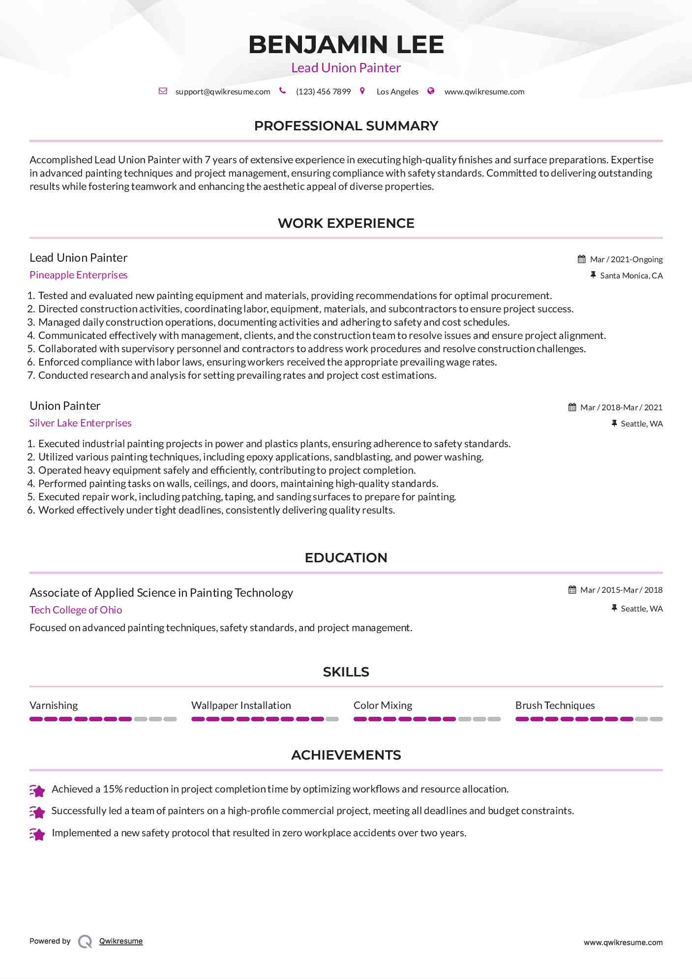 Lead Union Painter Resume Example