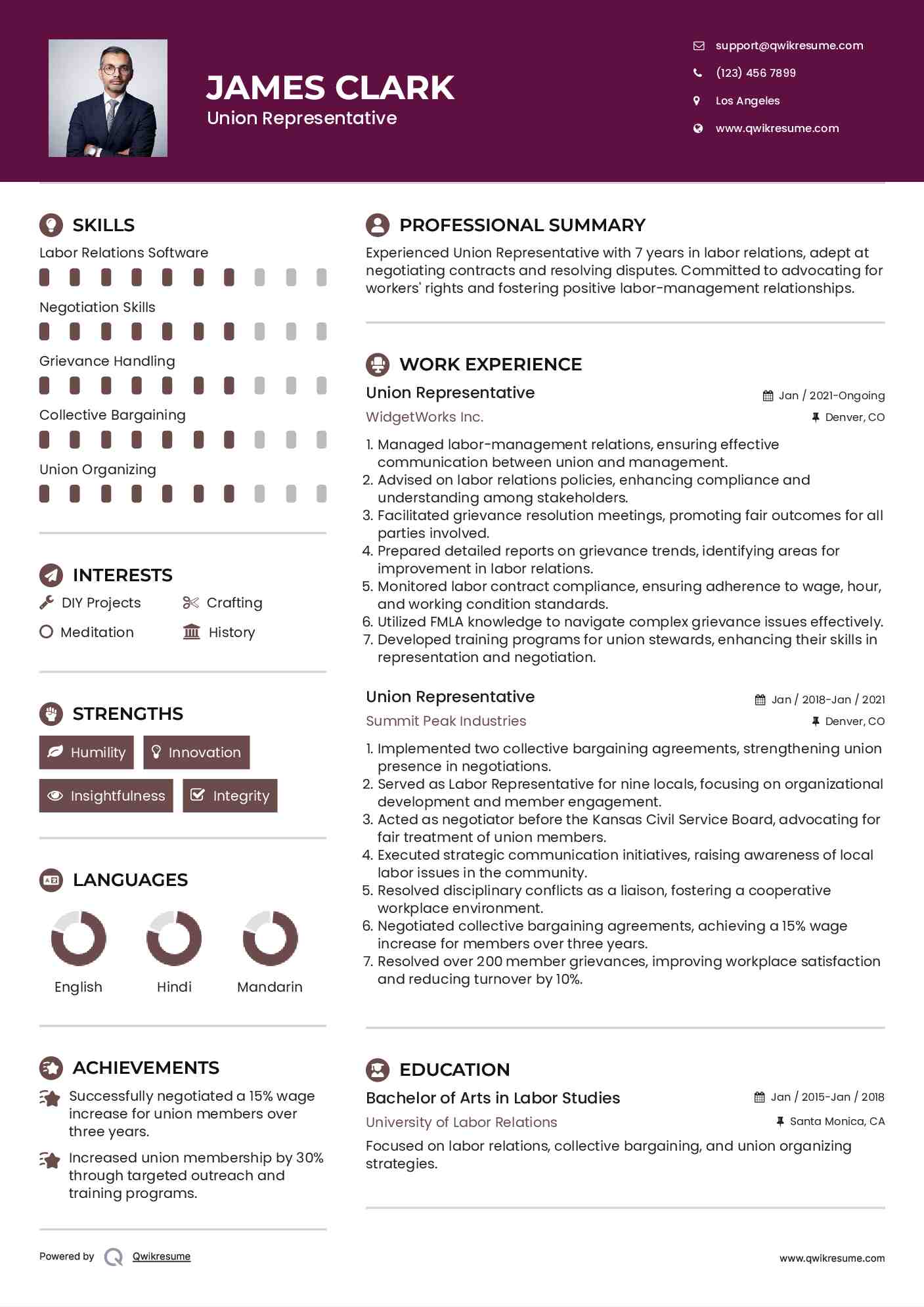 Union Representative Resume Example