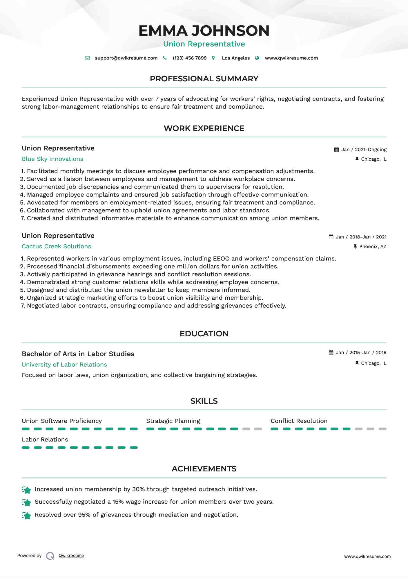 Union Representative Resume Model