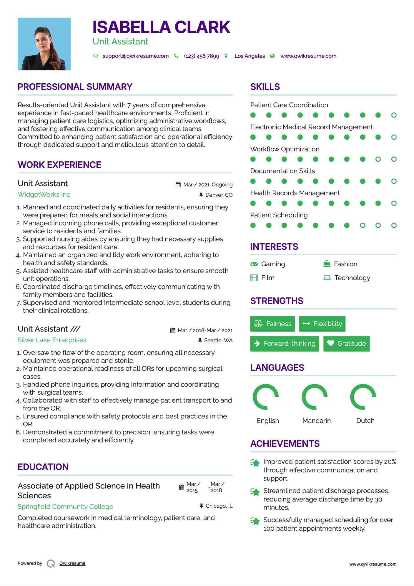 Unit Assistant Resume Sample