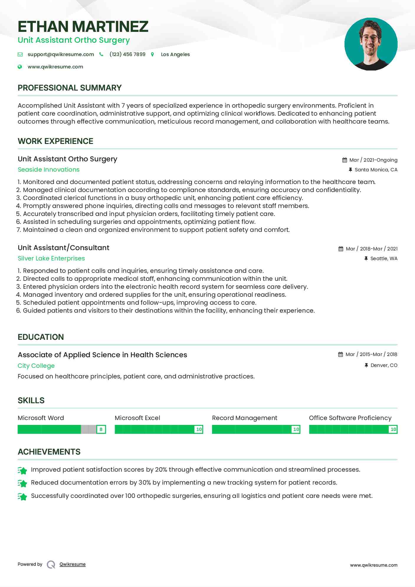 Unit Assistant Ortho Surgery Resume Sample