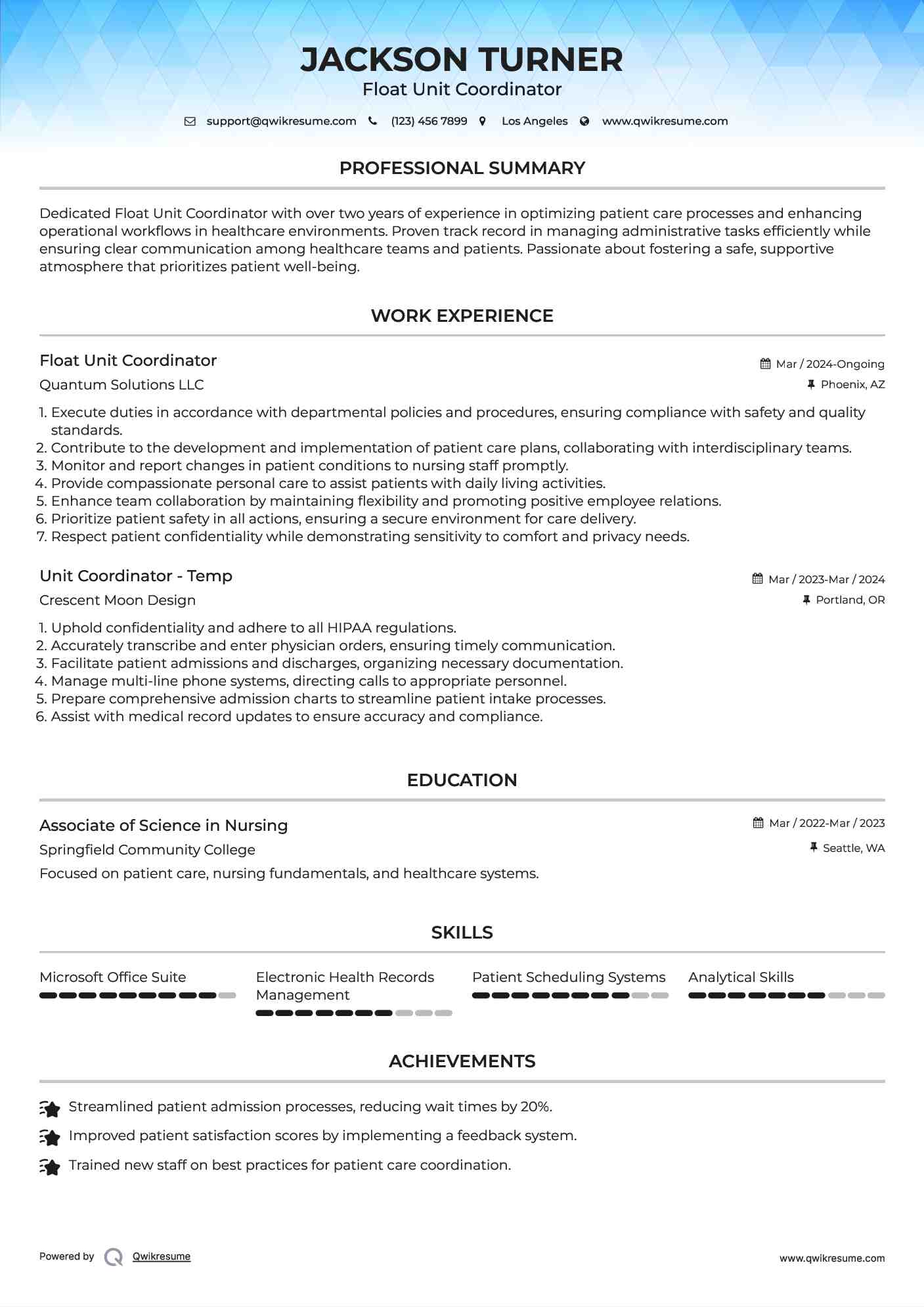Float Unit Coordinator Resume Model