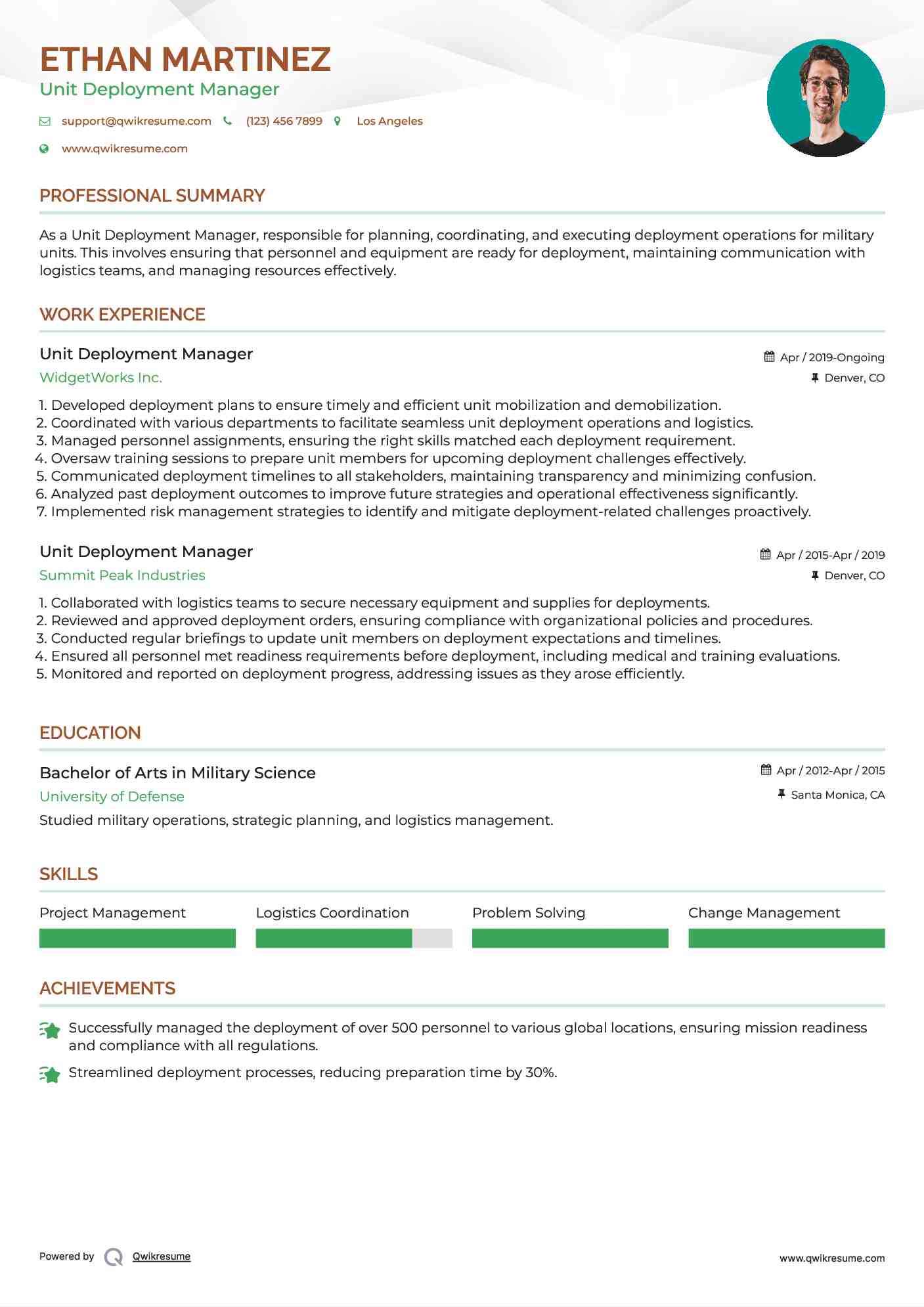 Unit Deployment Manager Resume Format