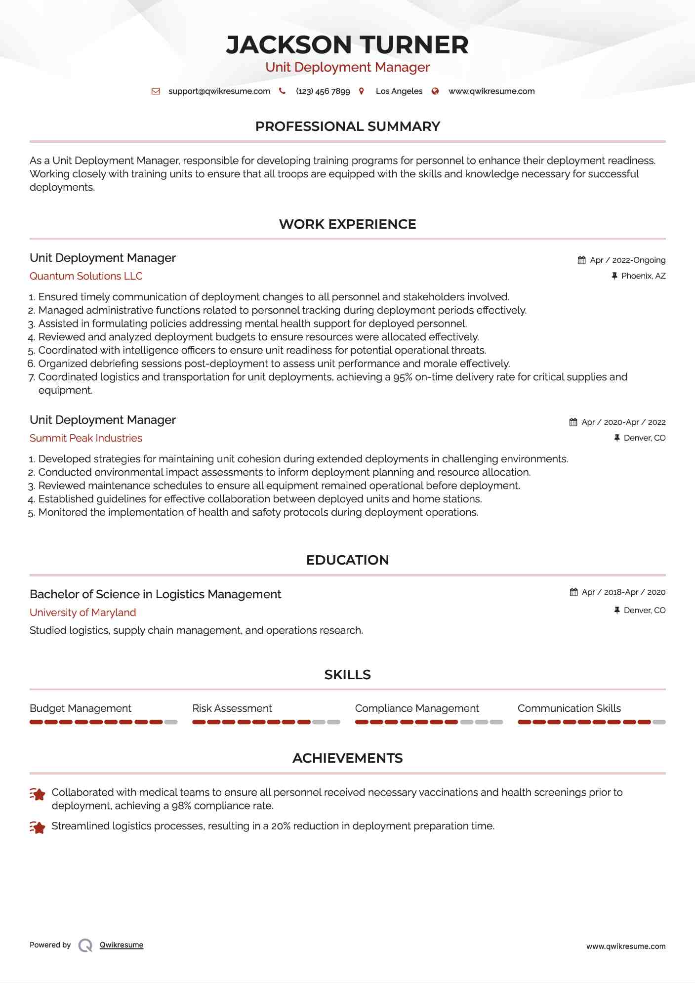 Unit Deployment Manager Resume Template
