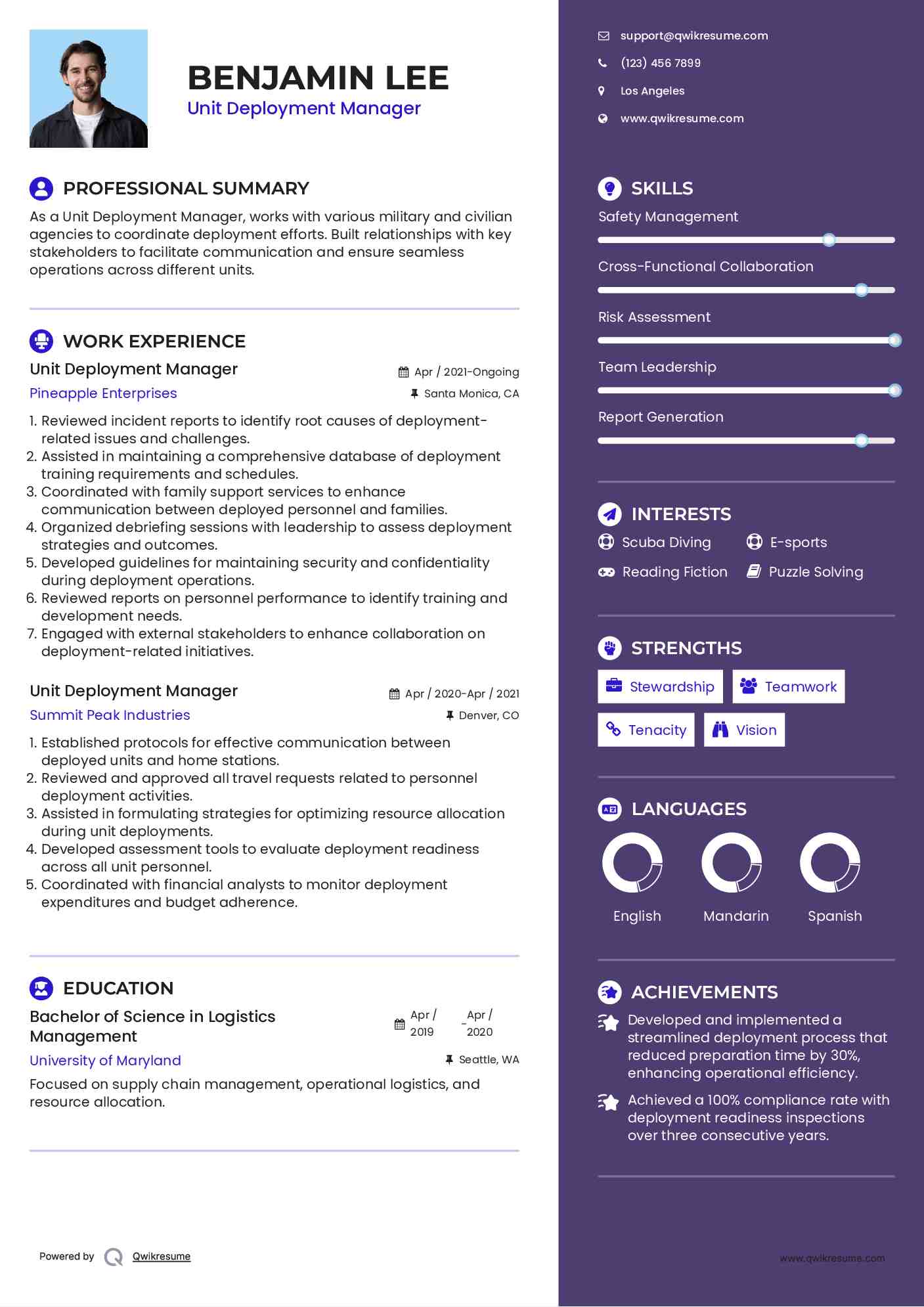 Unit Deployment Manager Resume Example