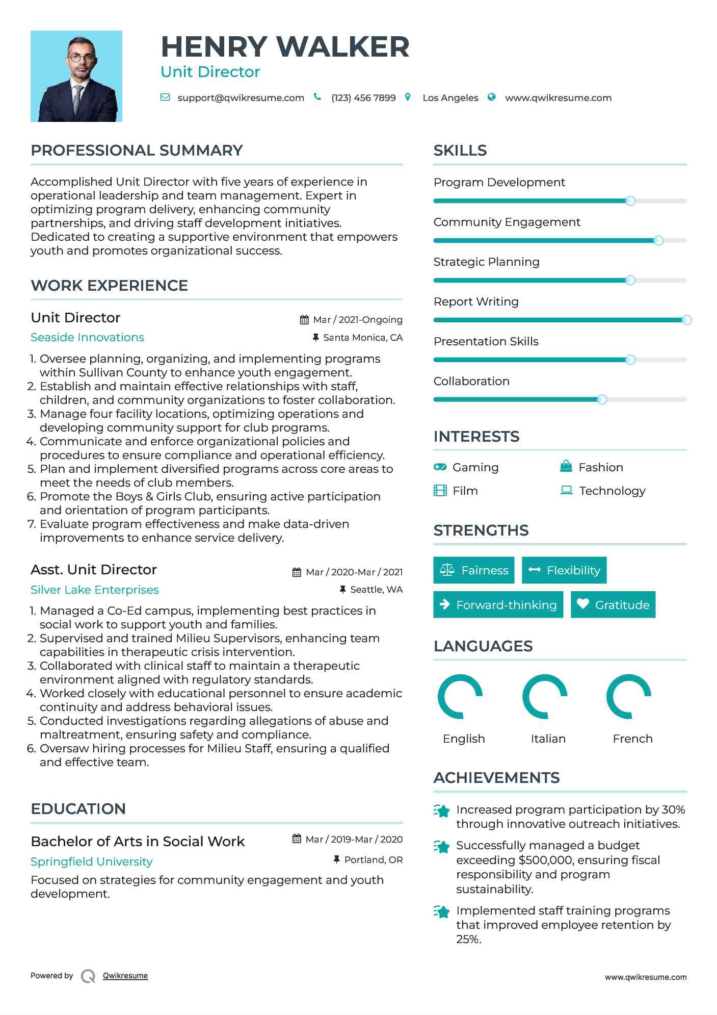 Unit Director Resume Example
