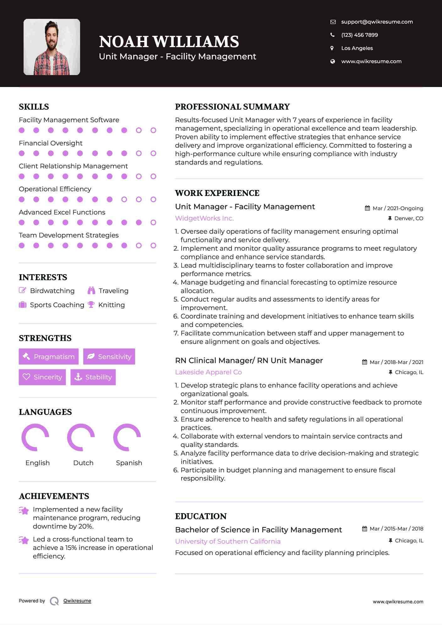 Unit Manager - Facility Management Resume Template