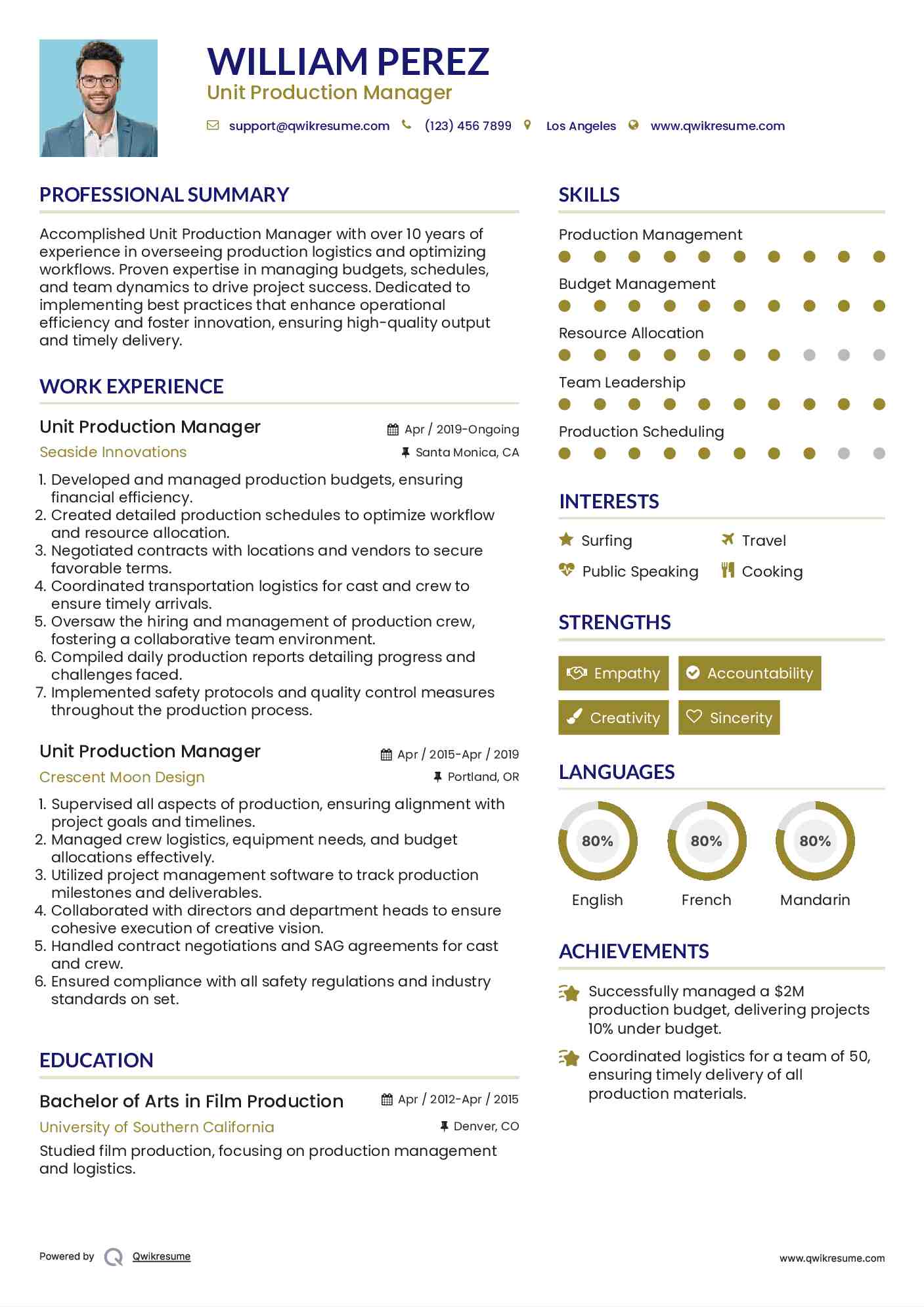 Unit Production Manager Resume Example