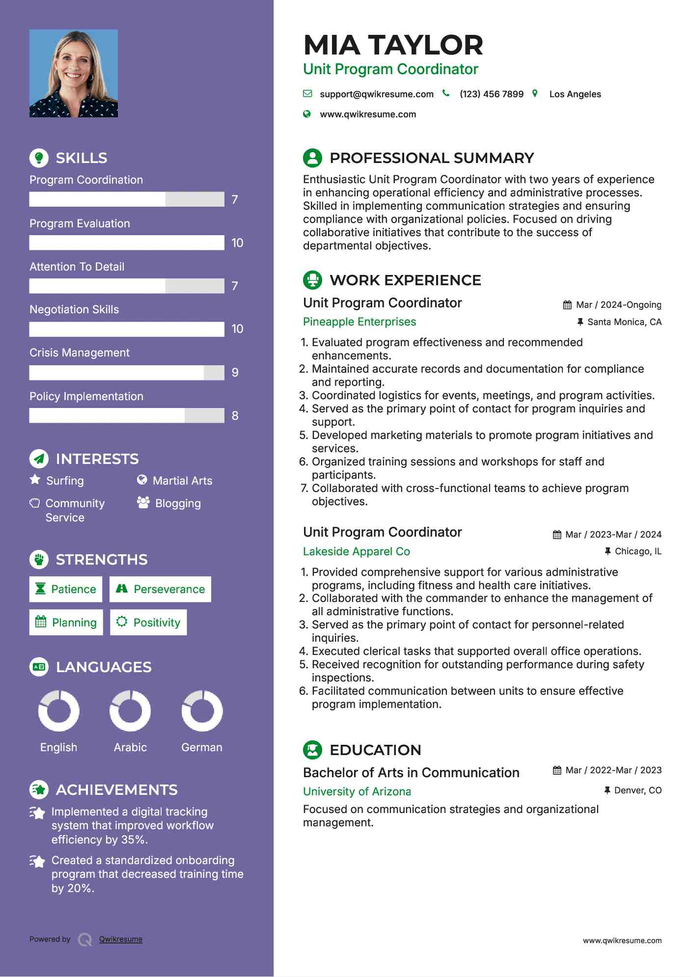 Unit Program Coordinator Resume Example