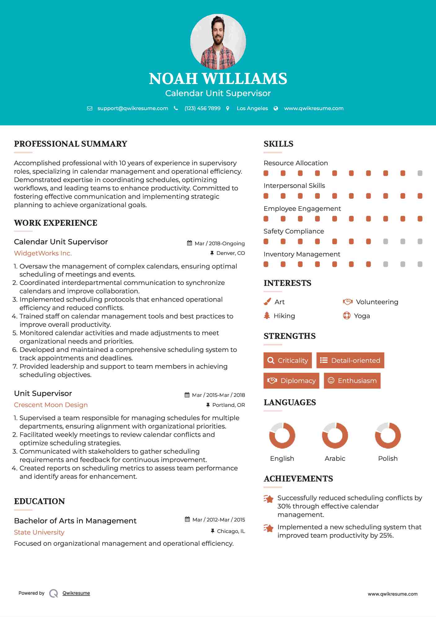 Calendar Unit Supervisor
 Resume Model