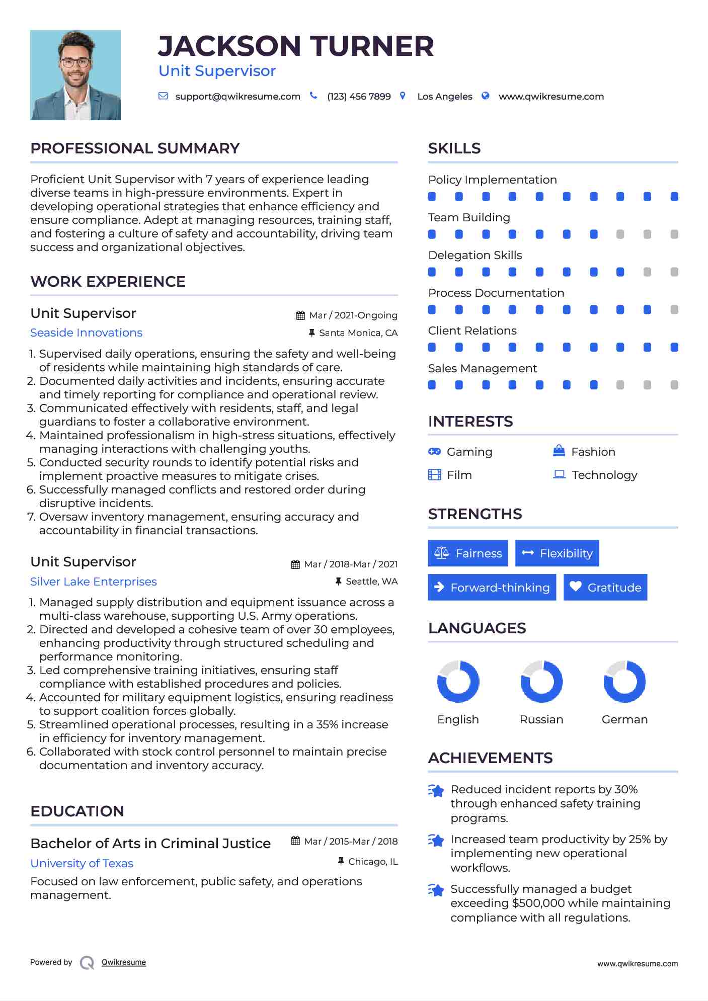 Unit Supervisor Resume Model
