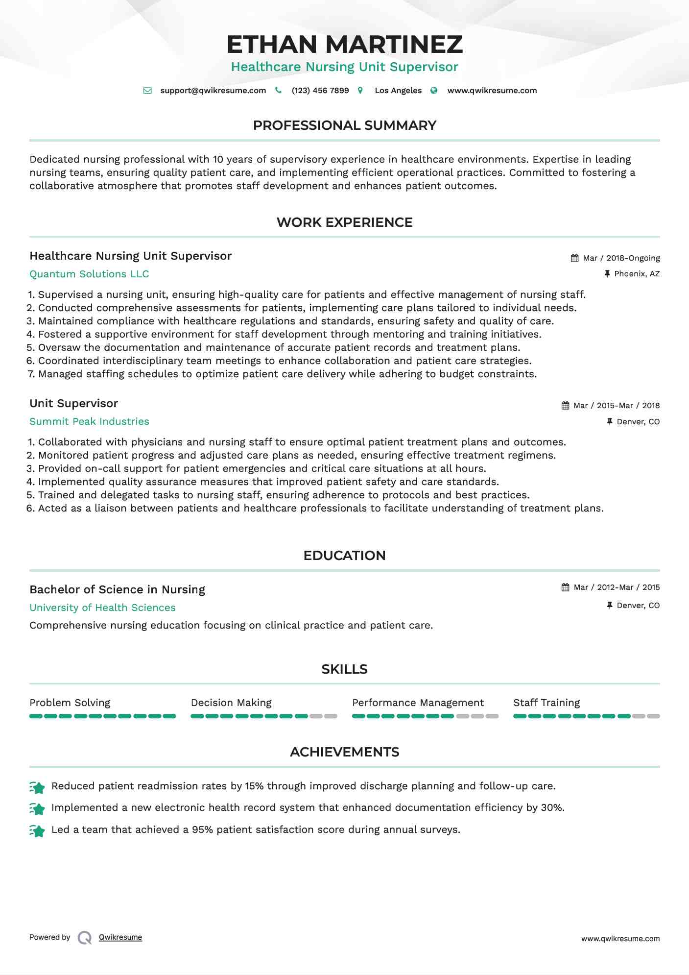 Healthcare Nursing Unit Supervisor Resume Template