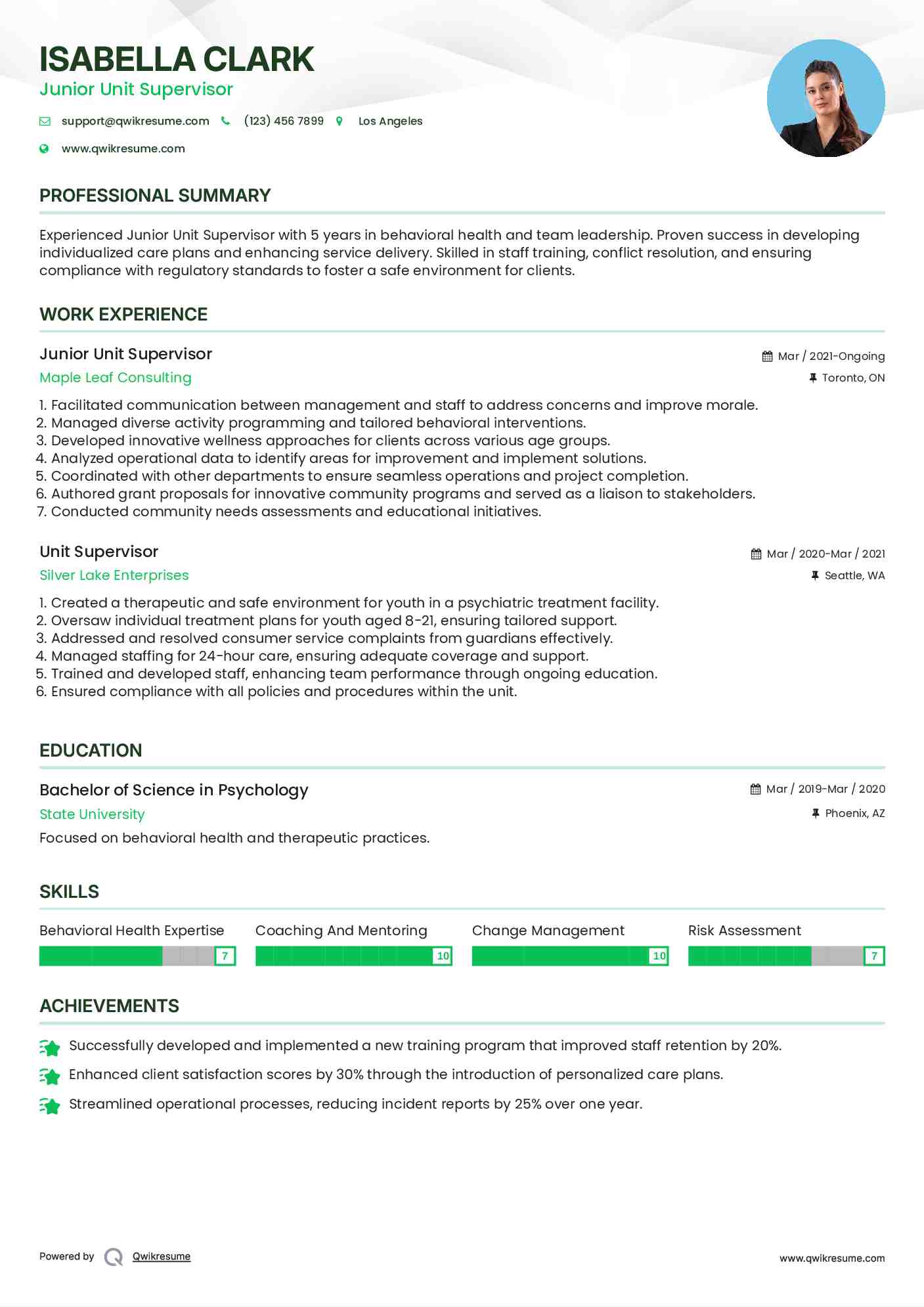 Junior Unit Supervisor  Resume Example