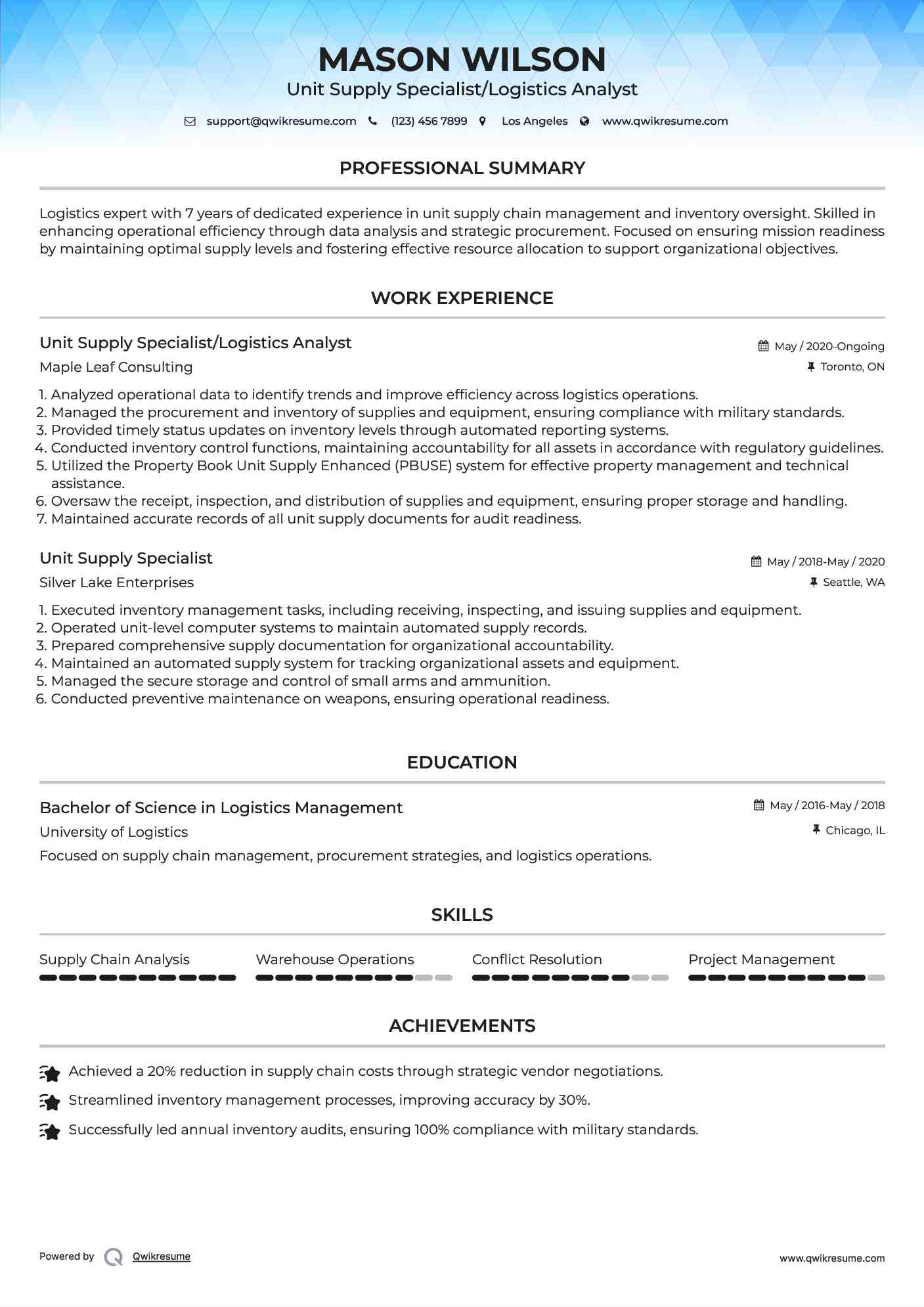 Unit Supply Specialist/Logistics Analyst Resume Example