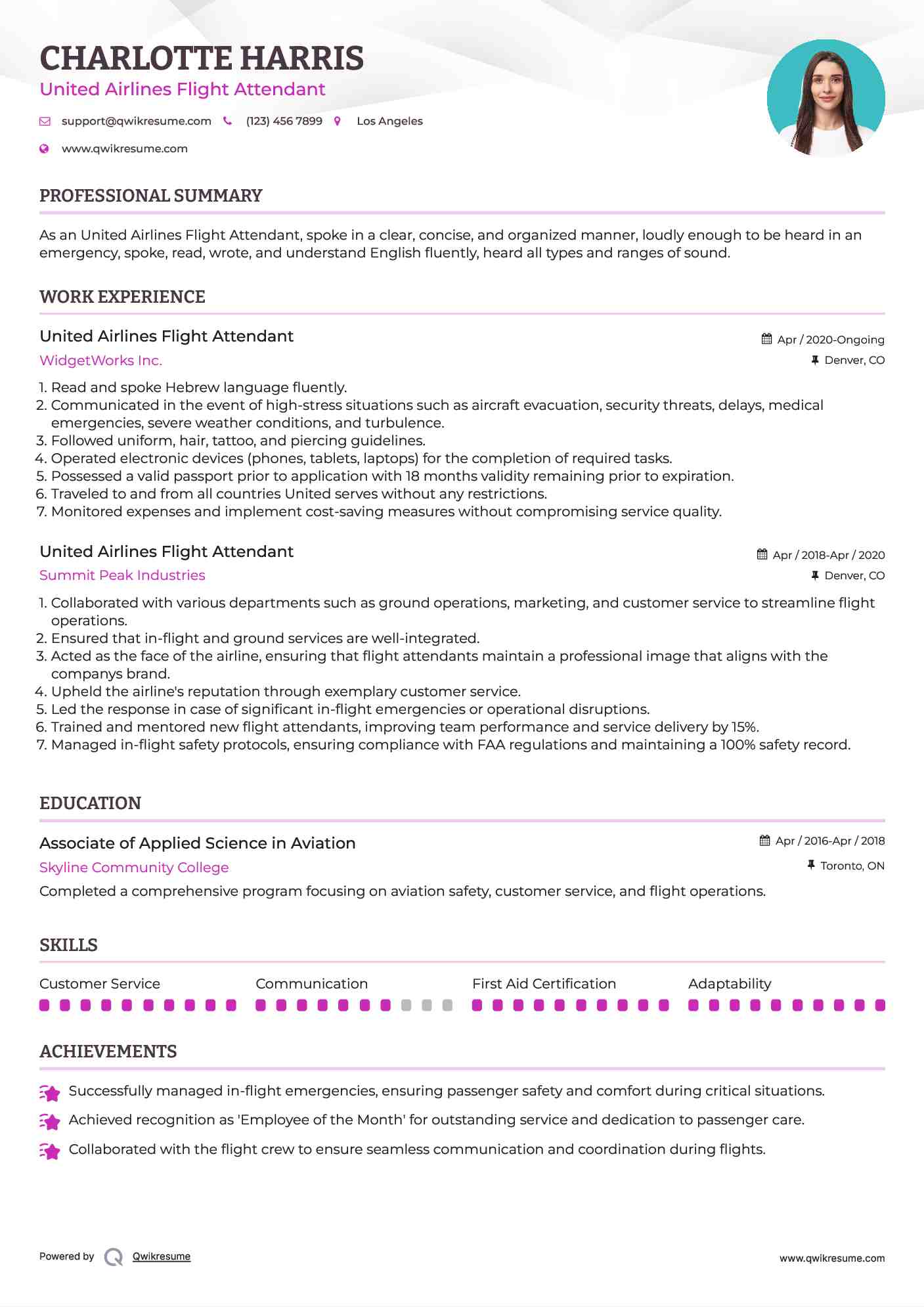 United Airlines Flight Attendant Resume Template
