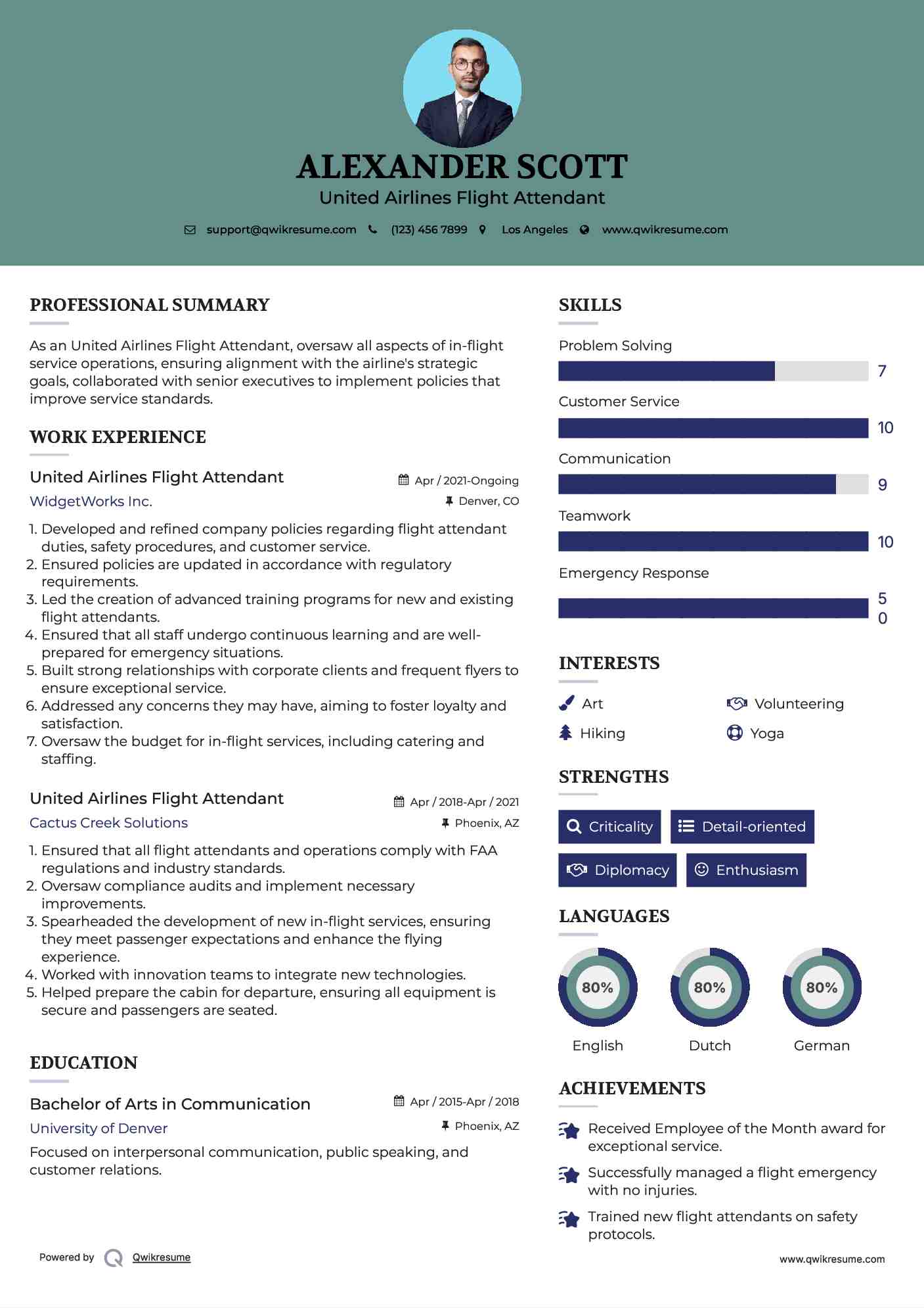 United Airlines Flight Attendant Resume Model