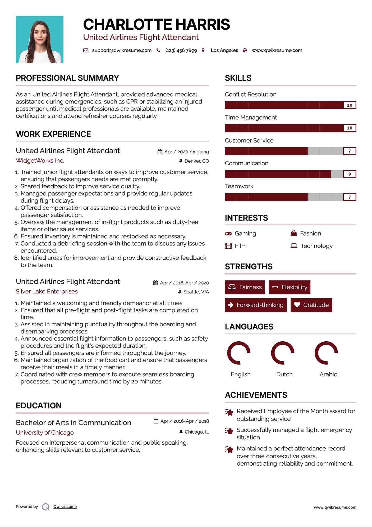 United Airlines Flight Attendant Resume Model