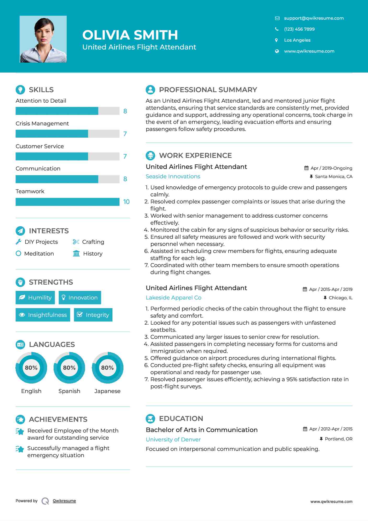 United Airlines Flight Attendant Resume Example