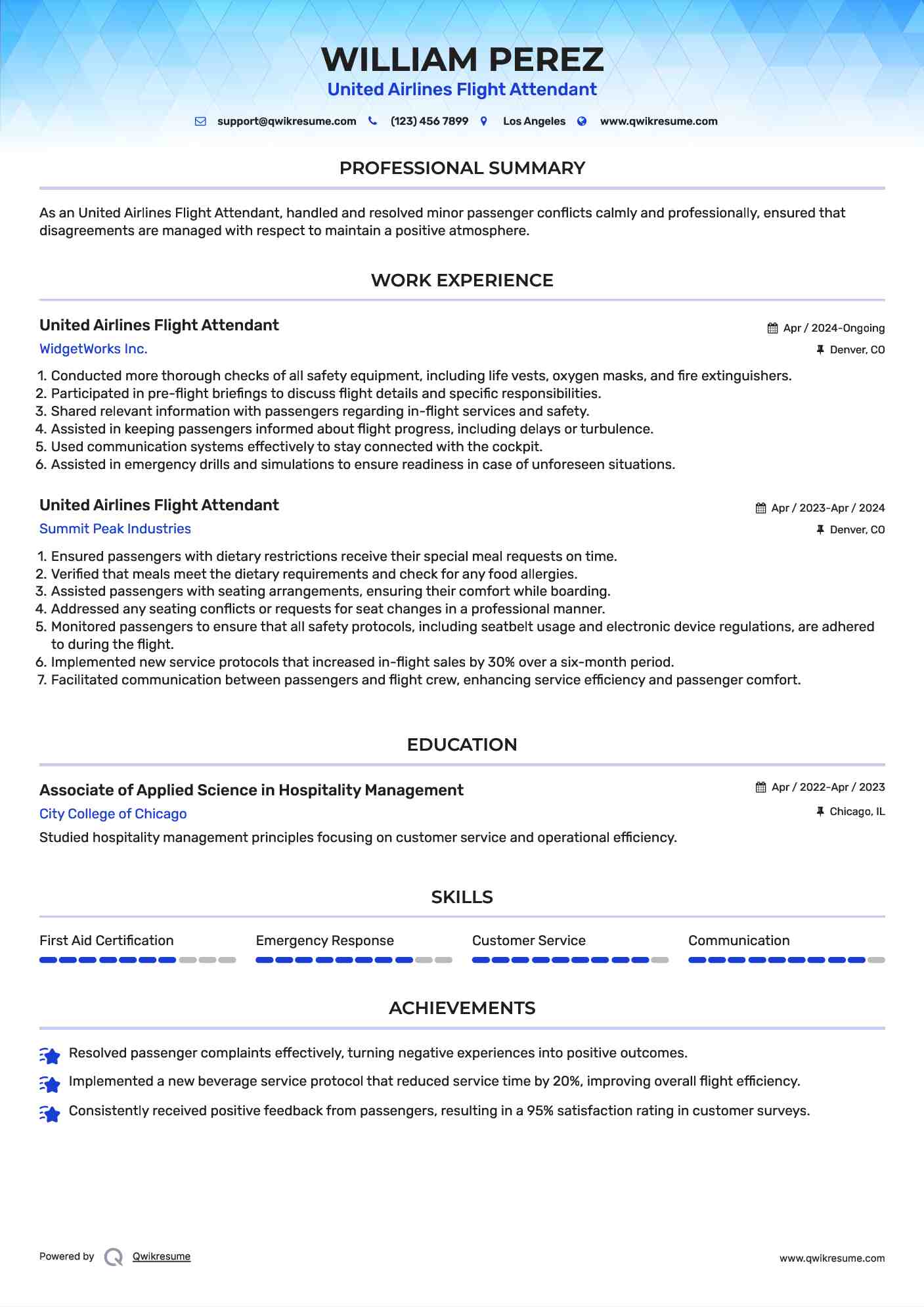 United Airlines Flight Attendant Resume Template