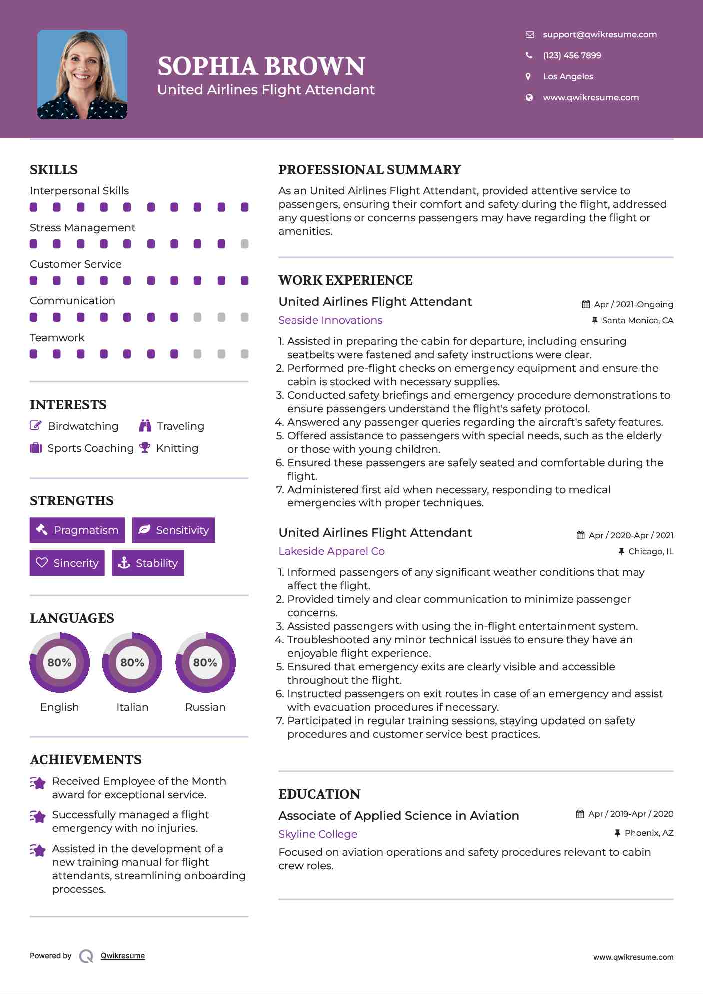 United Airlines Flight Attendant Resume Sample