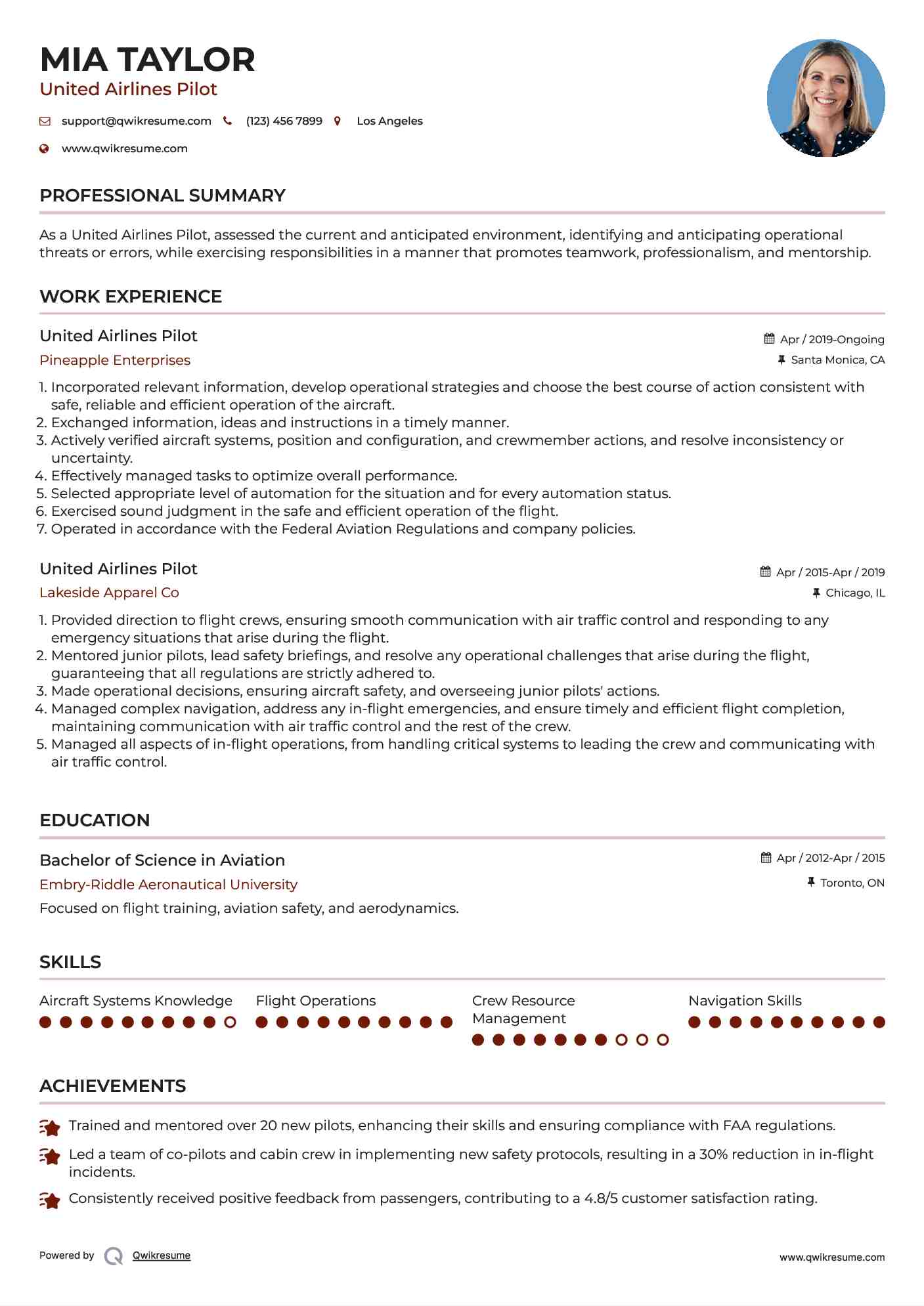 United Airlines Pilot Resume Sample