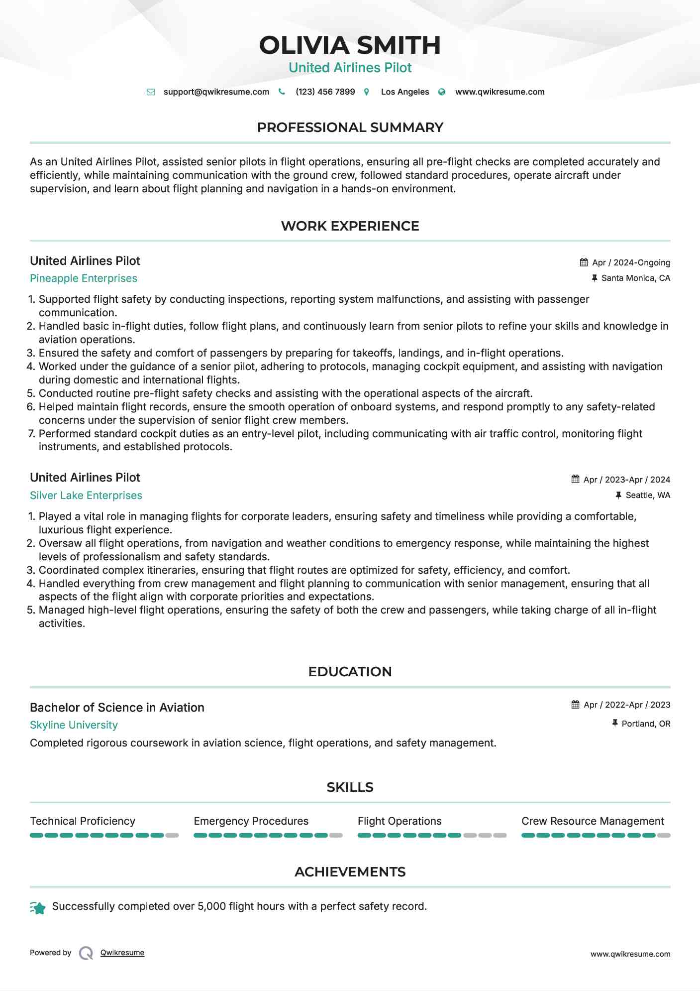 United Airlines Pilot Resume Sample