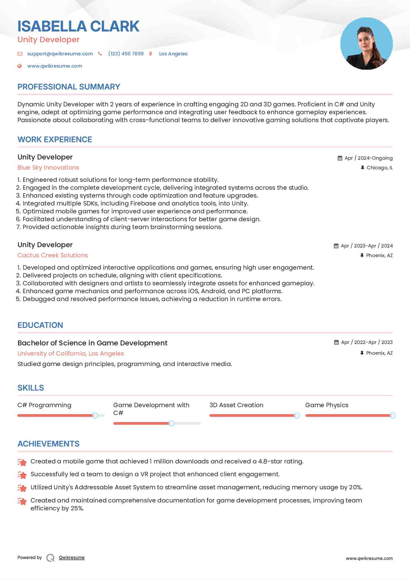 Unity Developer Resume Model