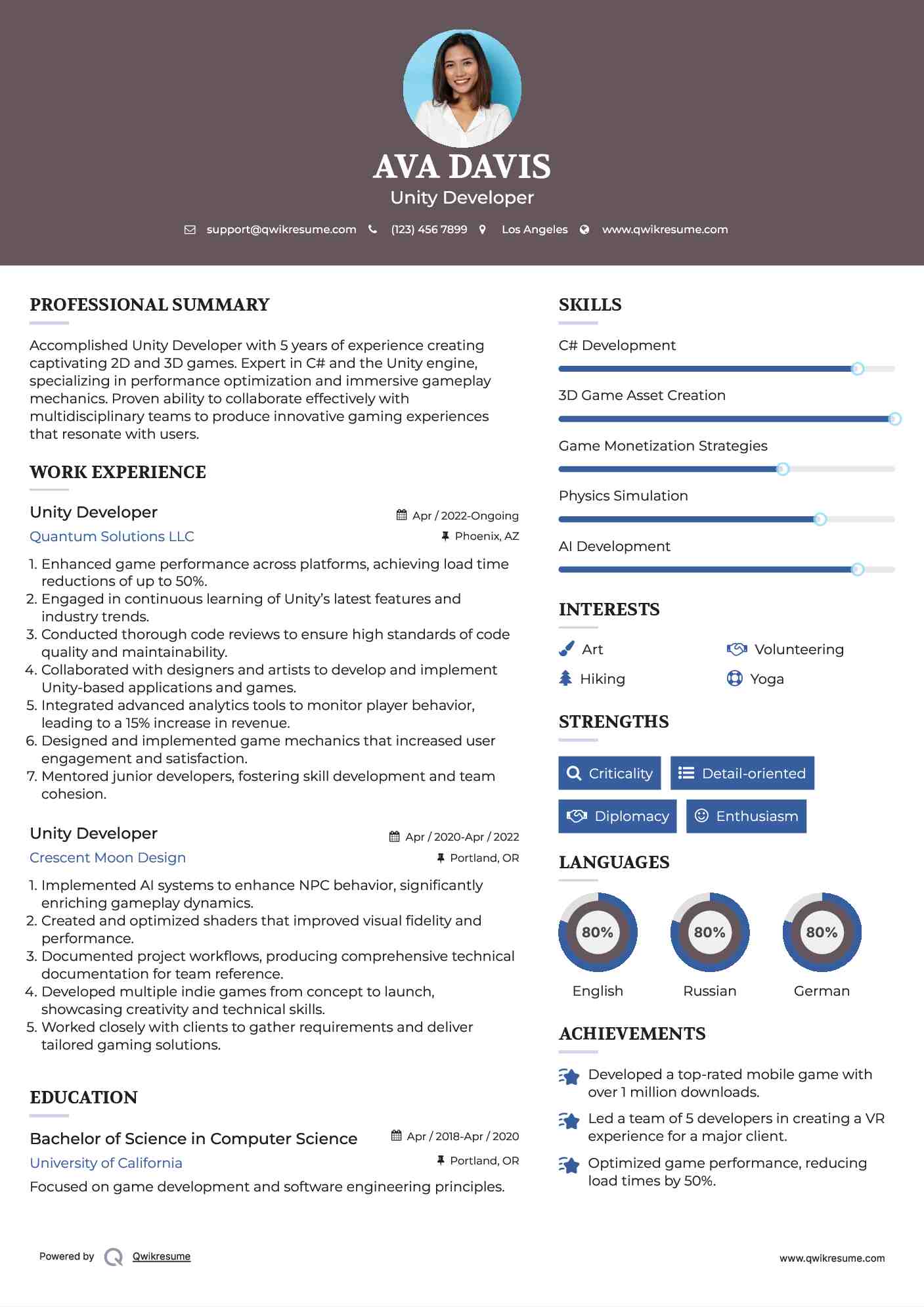 Unity Developer Resume Example
