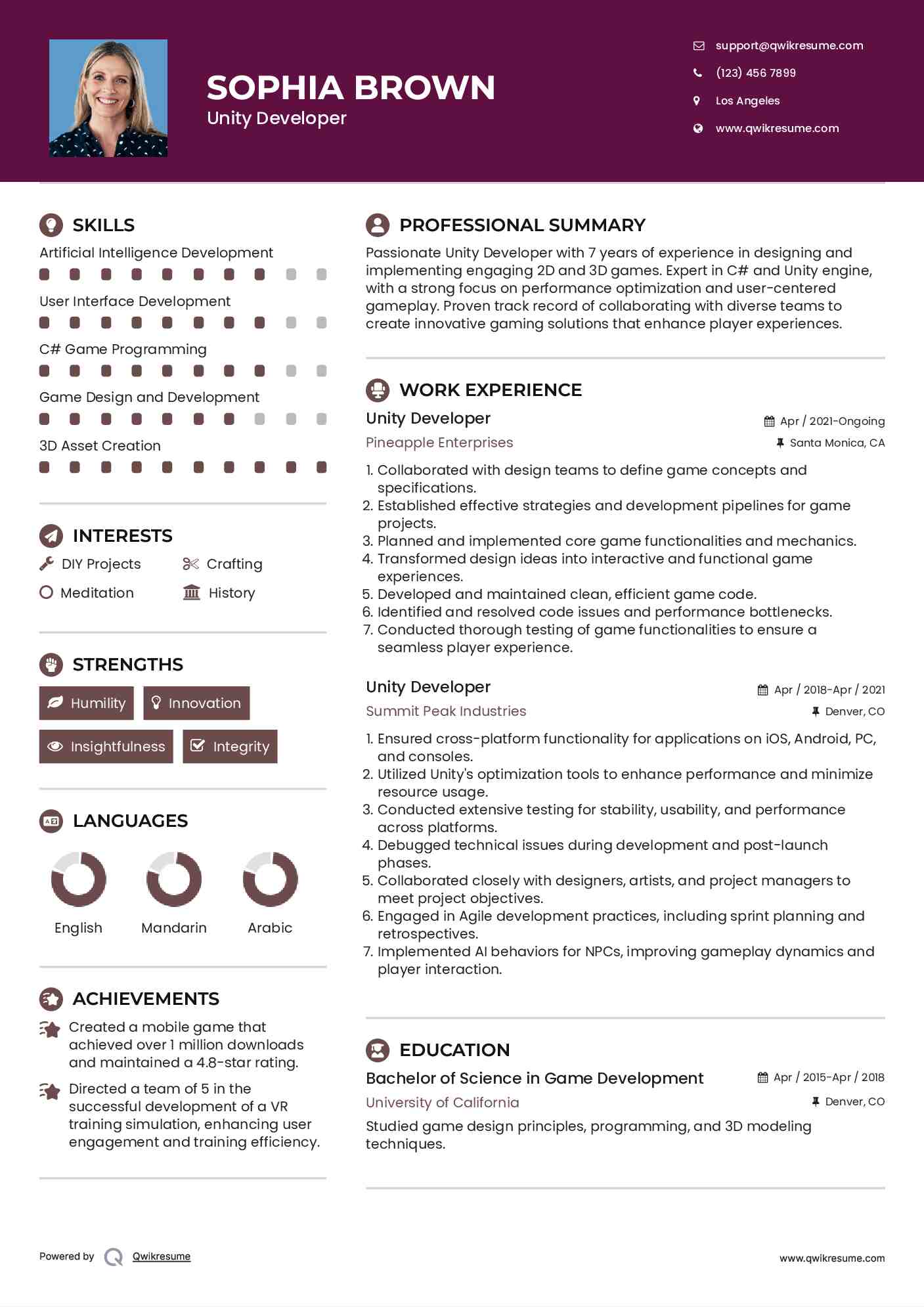 Unity Developer Resume Template