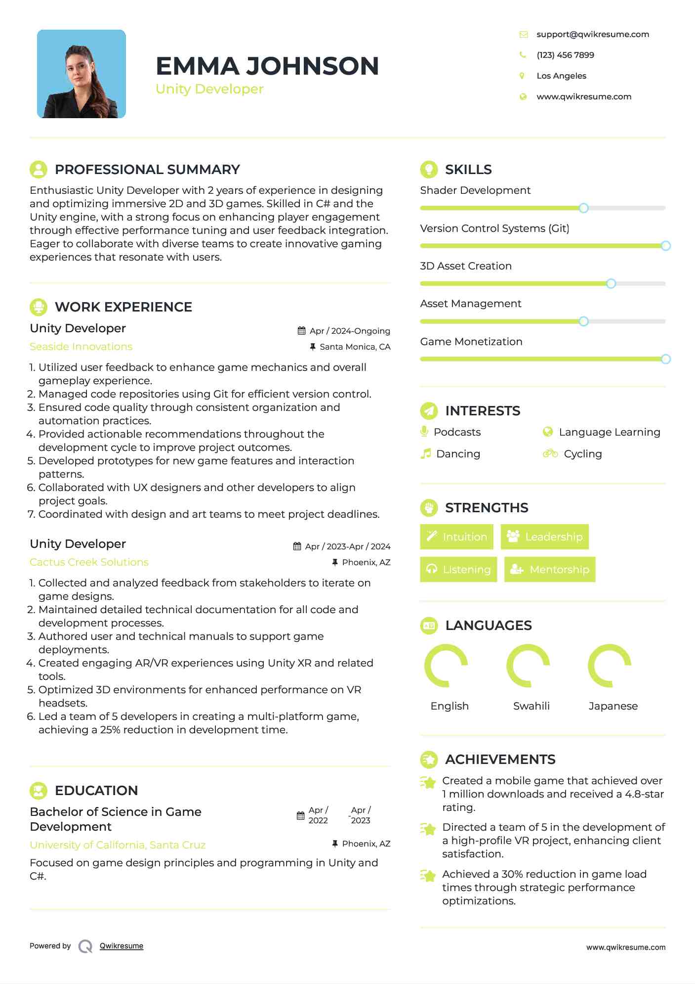 Unity Developer Resume Example