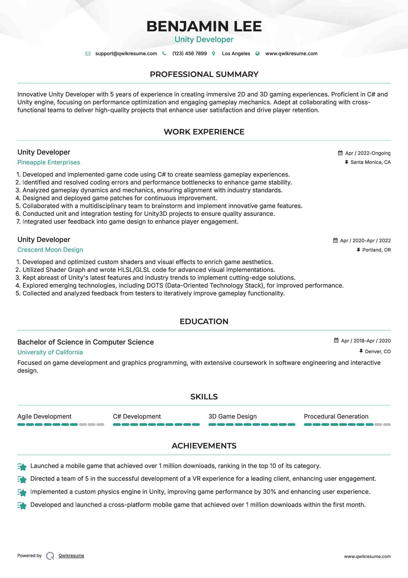 Unity Developer Resume Model