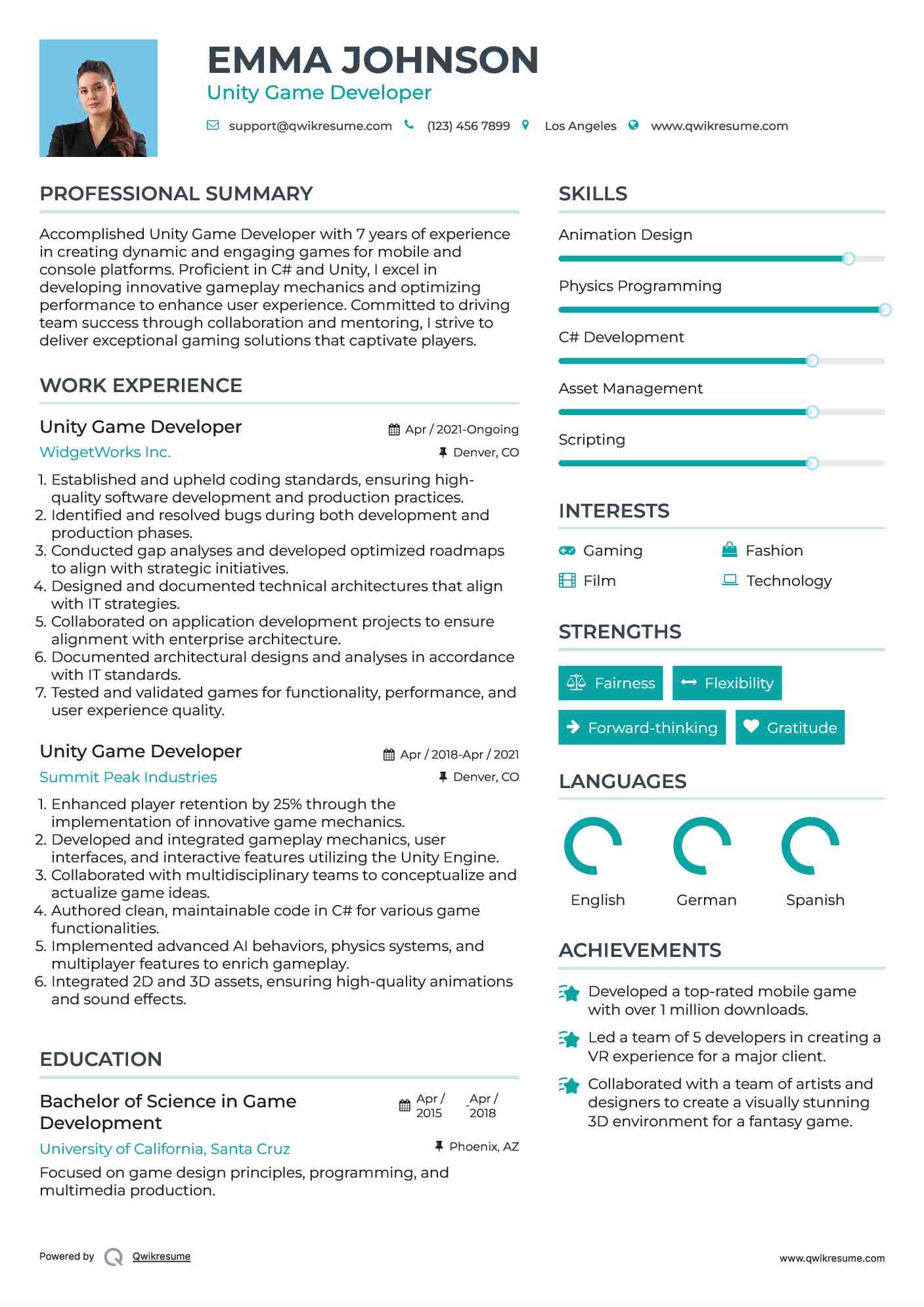 Unity Game Developer Resume Example