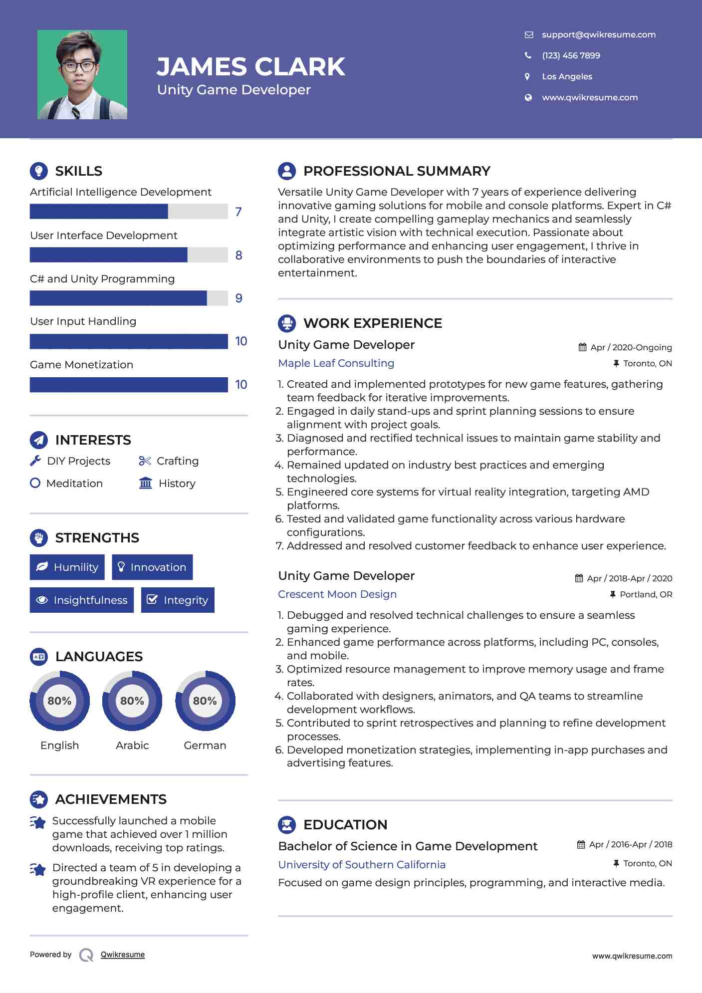 Unity Game Developer Resume Example