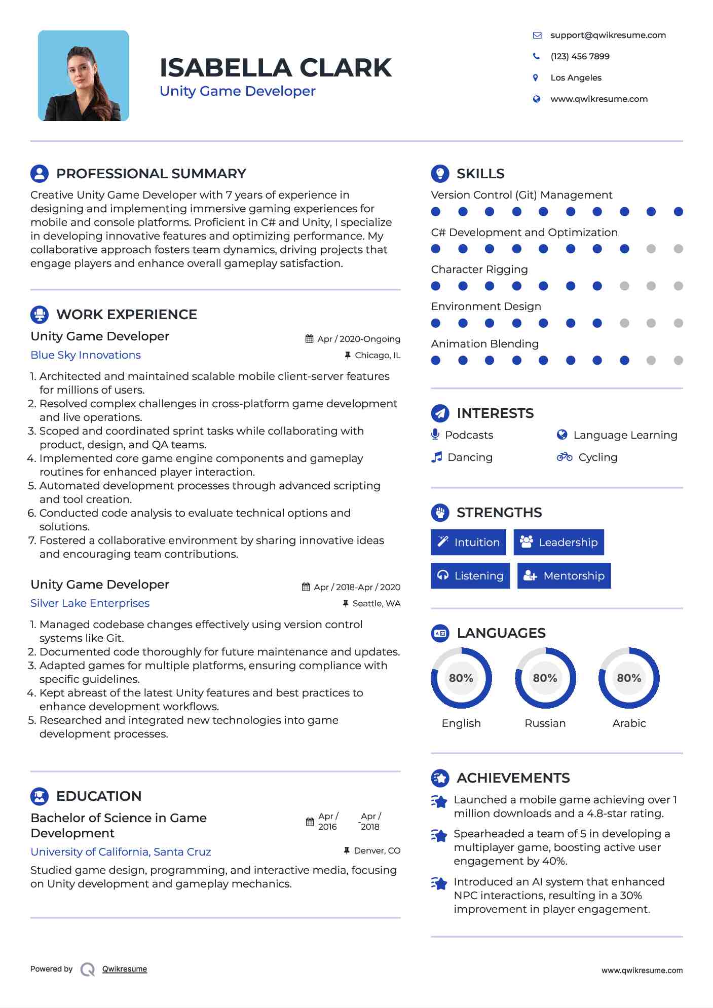 Unity Game Developer Resume Model