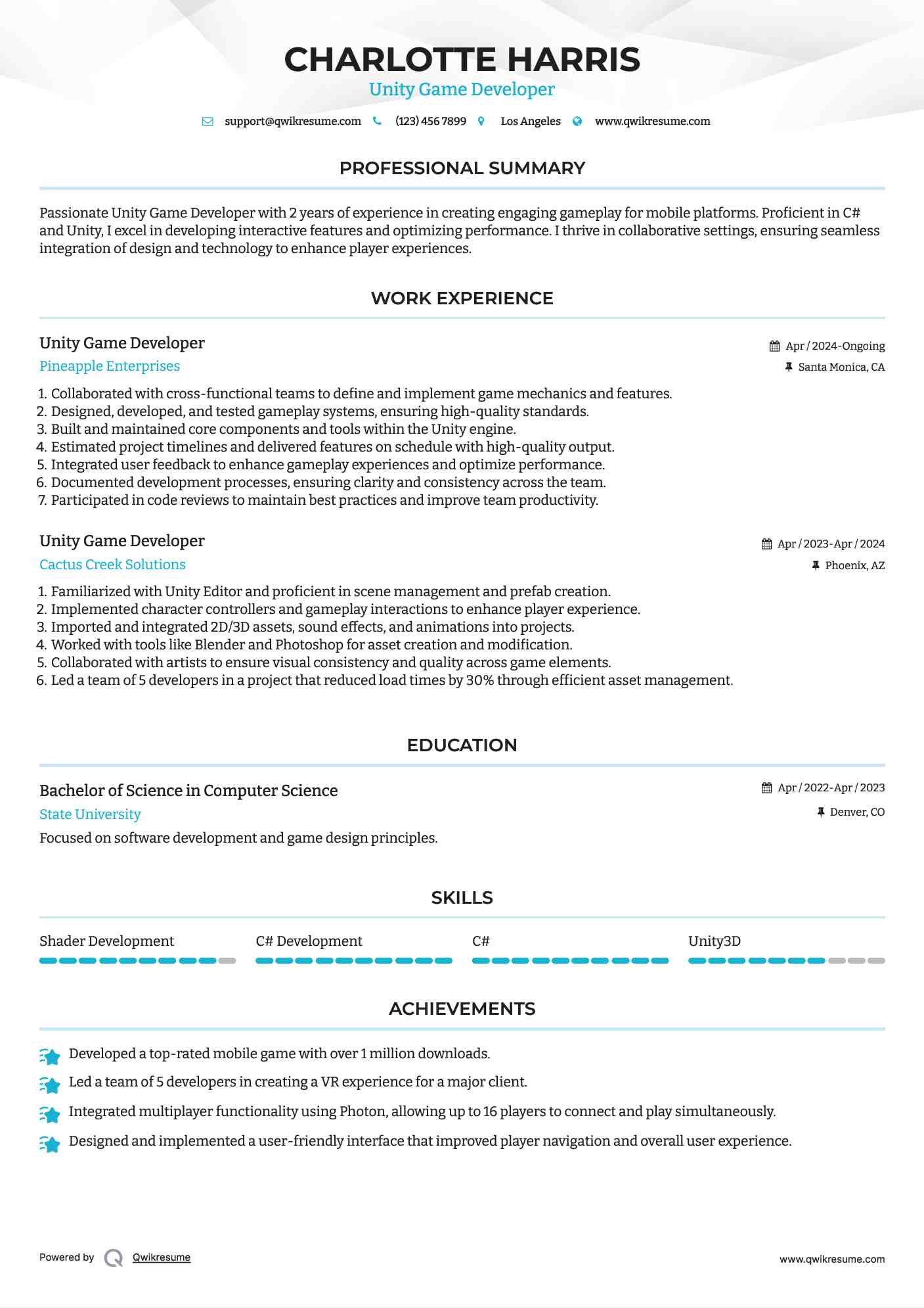 Unity Game Developer Resume Model