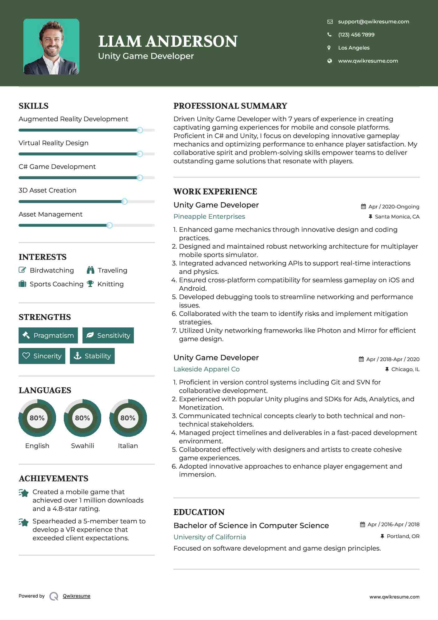Unity Game Developer Resume Format