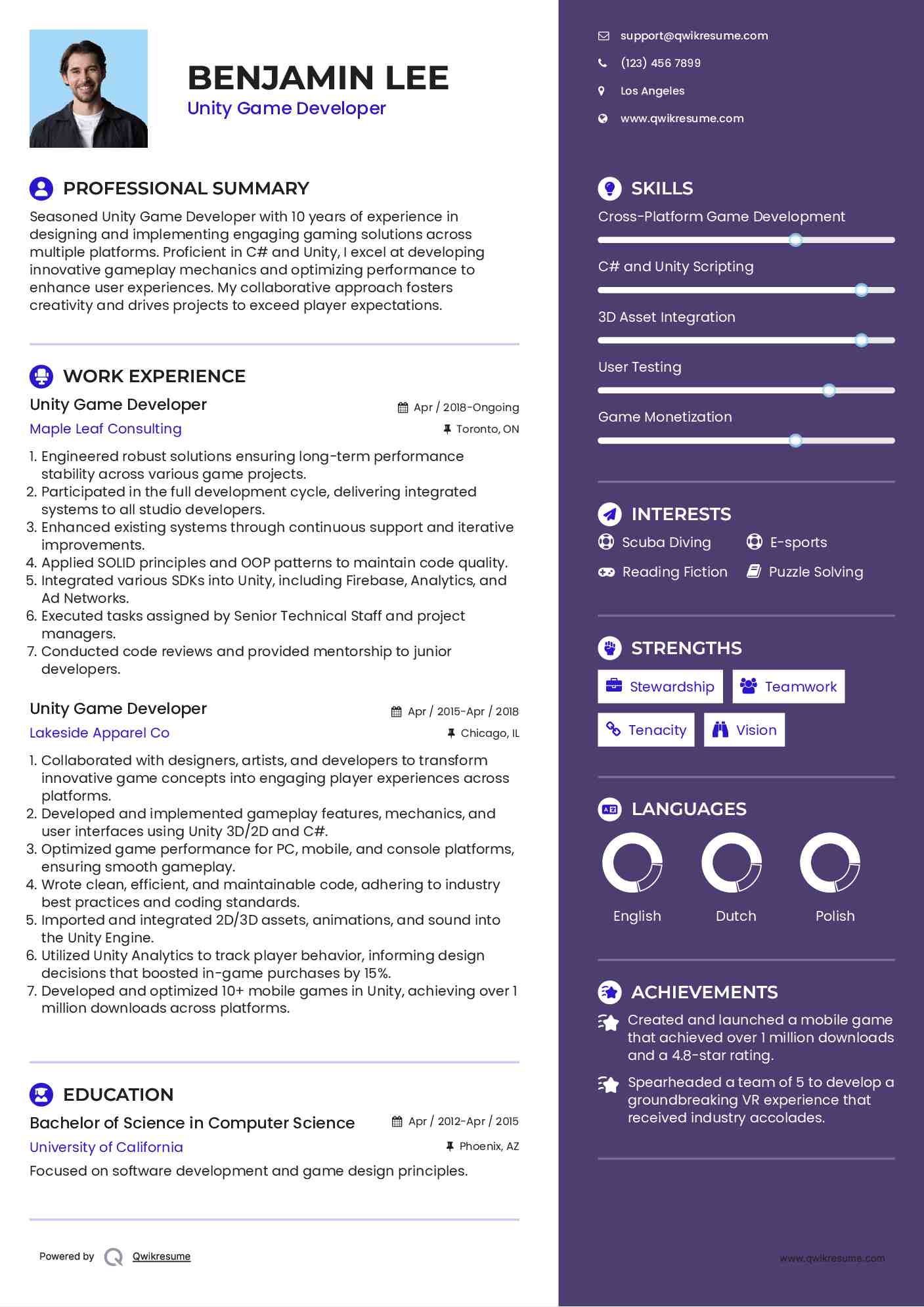 Unity Game Developer Resume Template